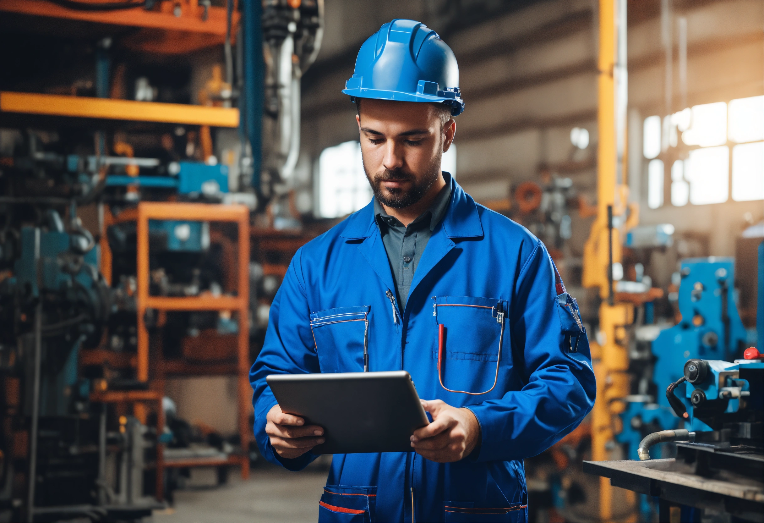 Lexica An industrial mechanic in a blue work suit stands in a