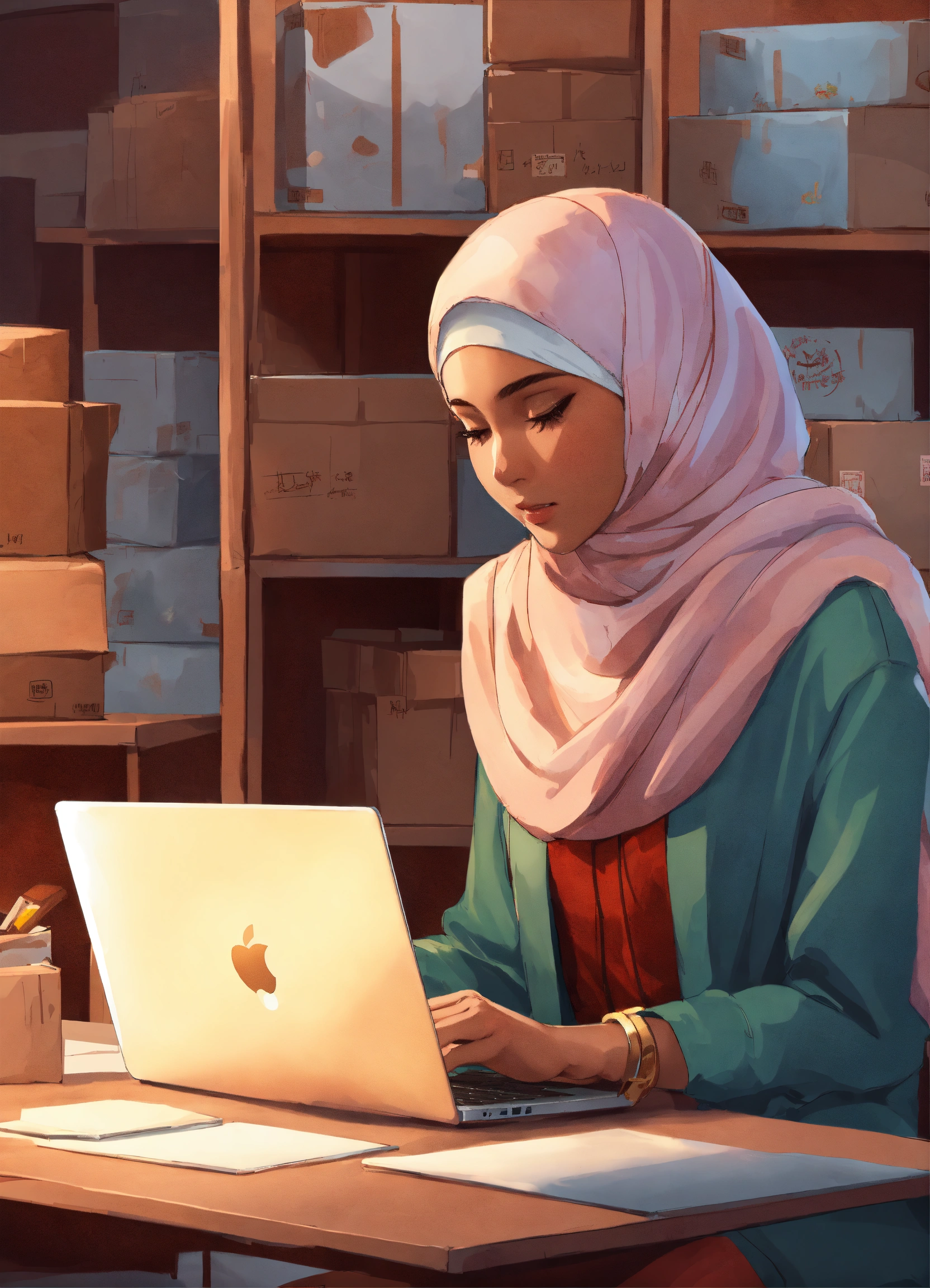 Lexica - A woman with hijab is working at a table with her laptop ...