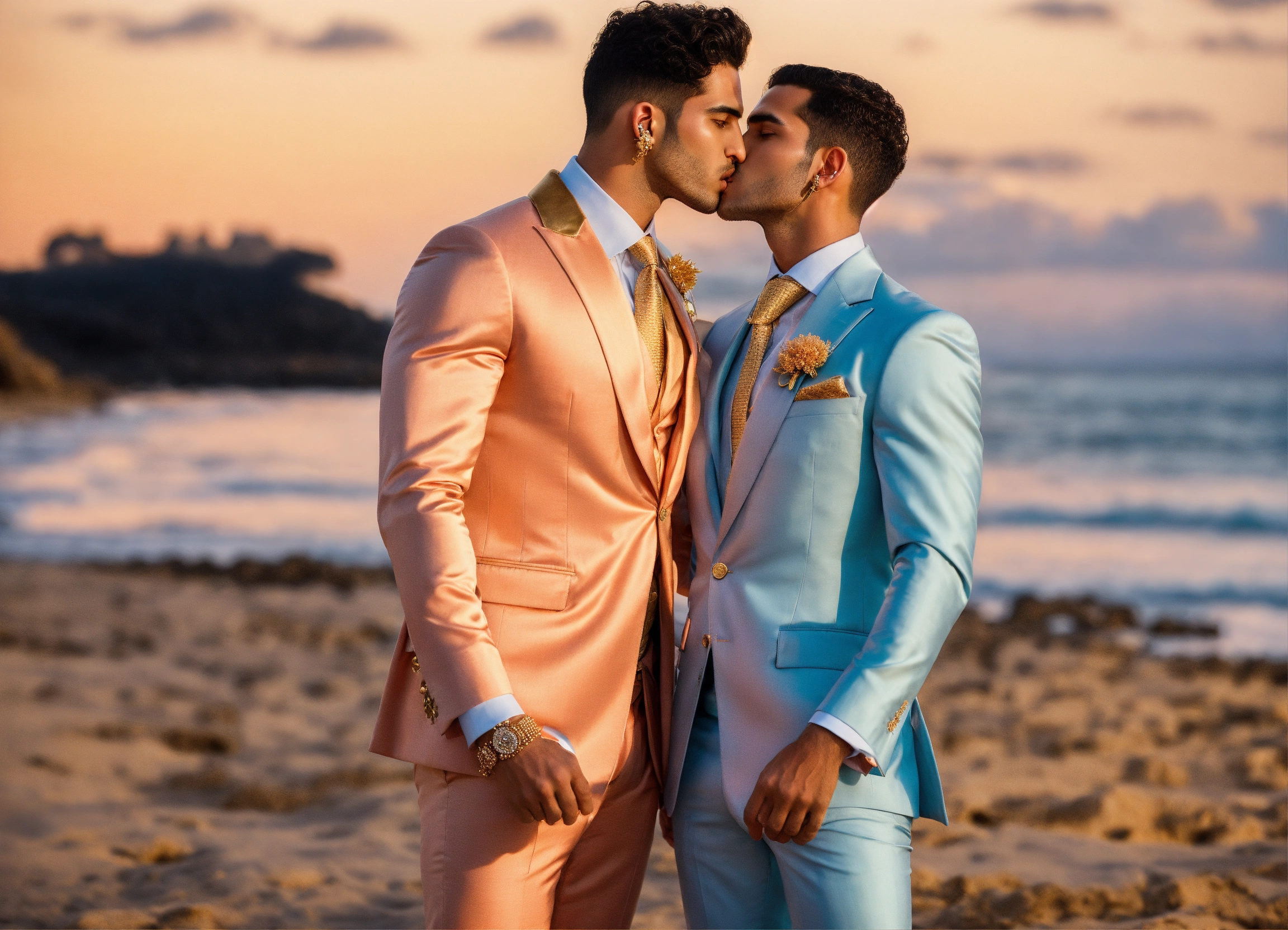 Lexica - Two Egyptian male models, in satin peach and pale blue suit,  golden tie, golden earings, kissing on the beach