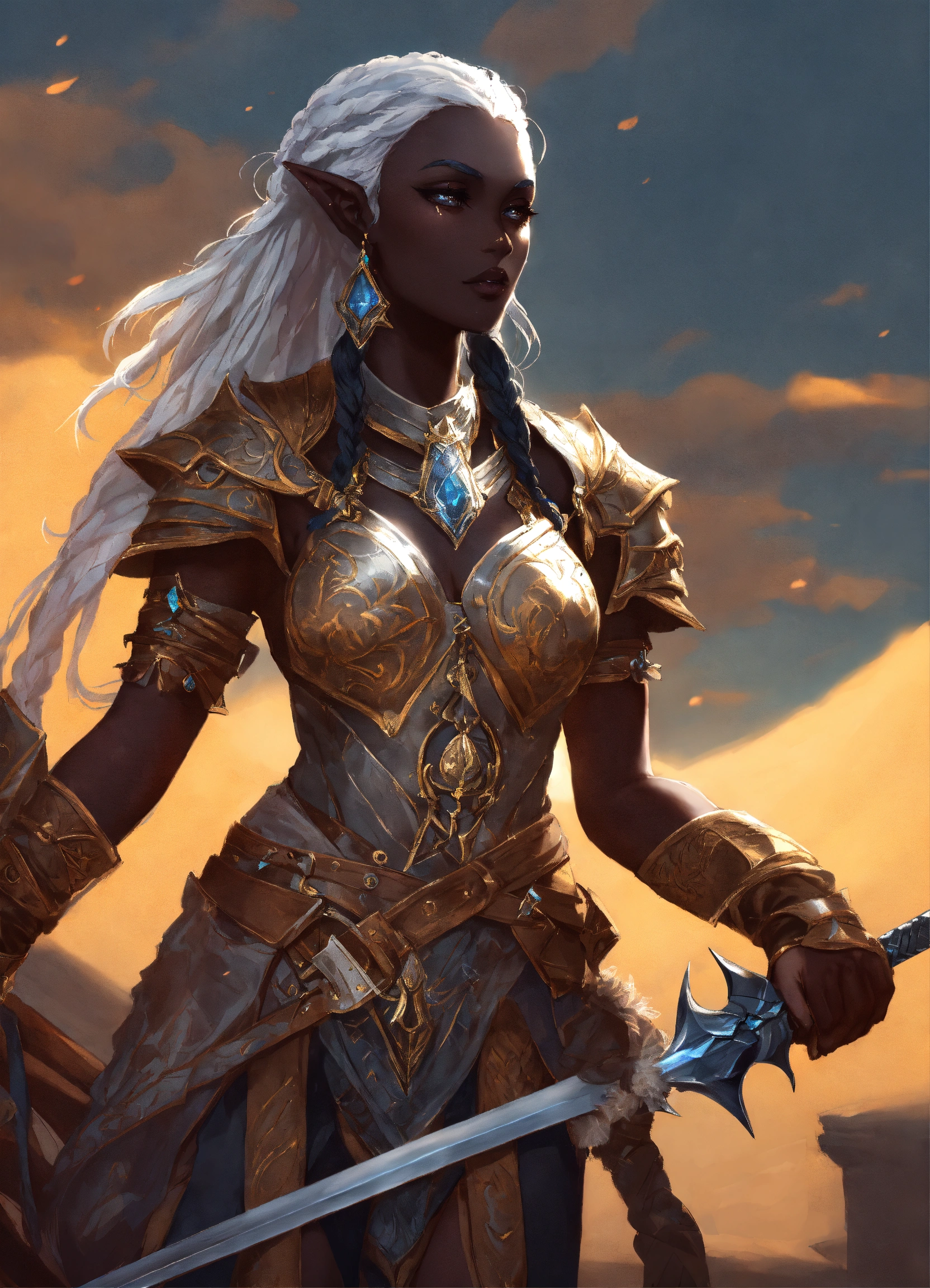 Lexica - A beautiful drow woman in sun themed armor. she has braids and ...