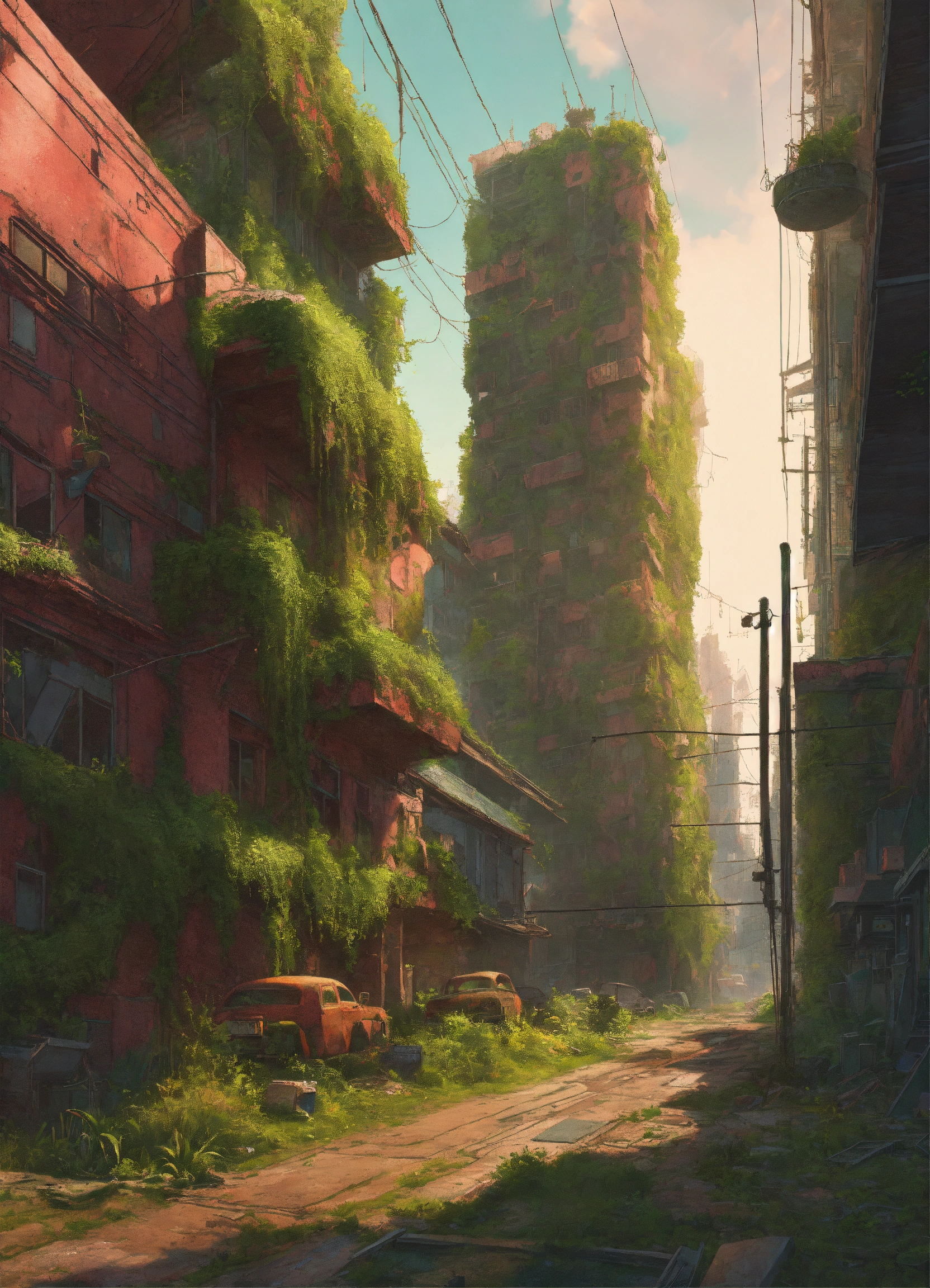 Lexica - Solarpunk style, redshift, crumbling city overgrown with ...