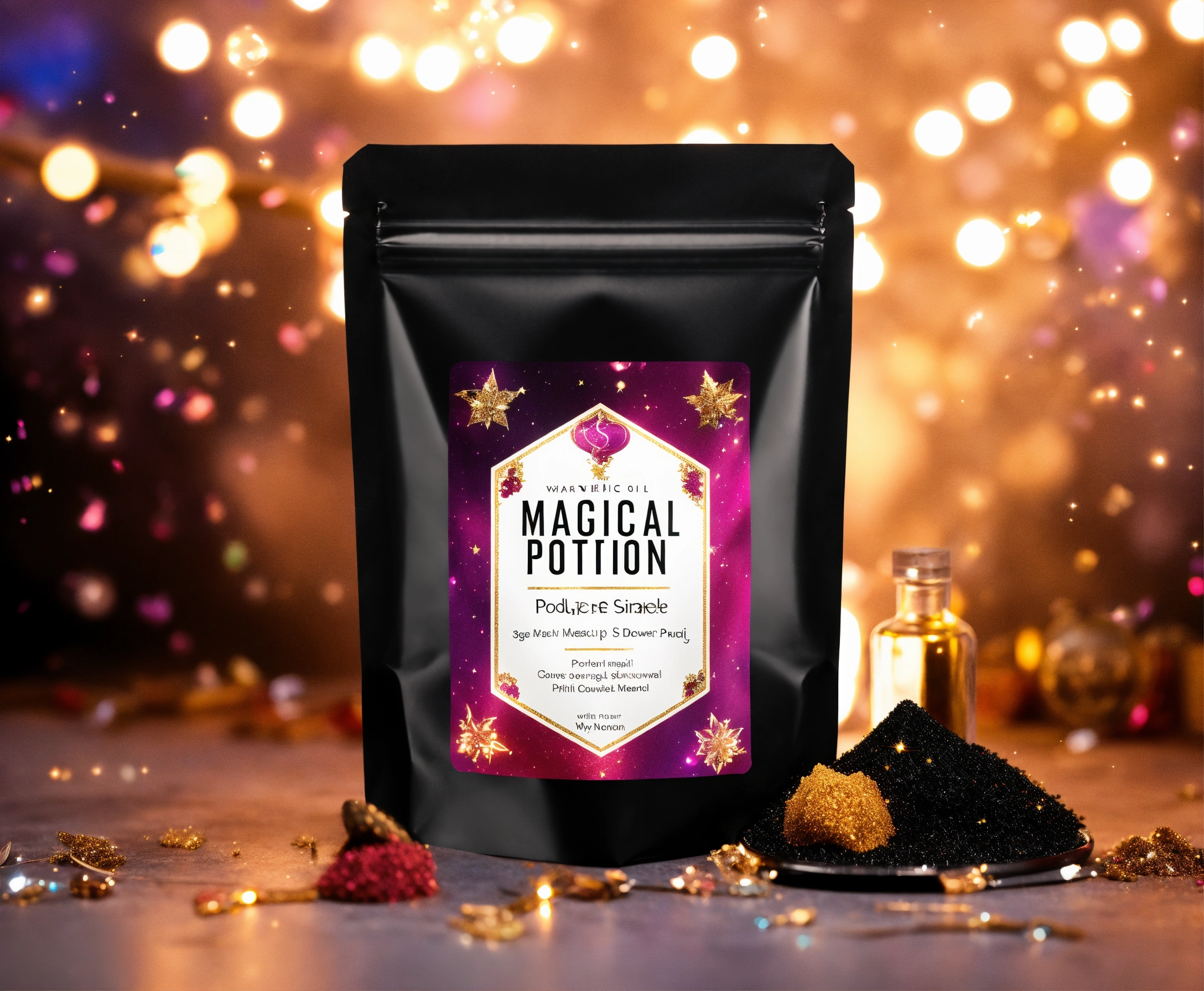 Lexica - Front angle product shot of a magical powder potion stand up ...