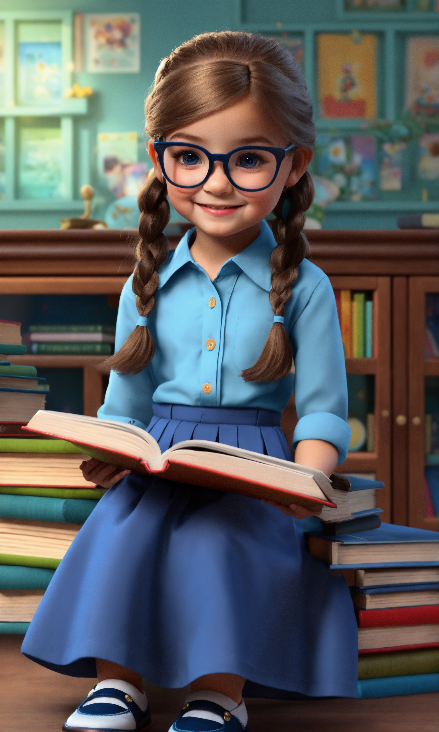 Lexica - A sweet 5-year-old girl wearing a light blue button-down shirt ...