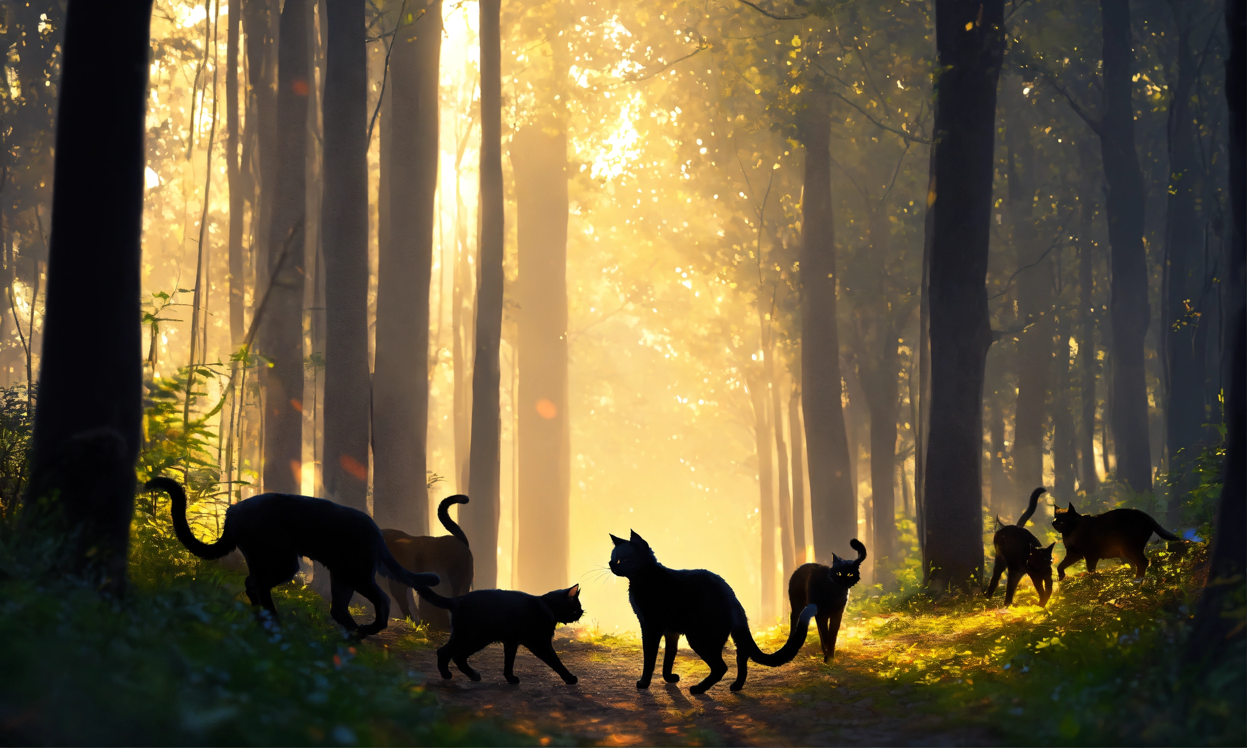 Lexica - Create an image of dozens of black cats walking in the forest ...