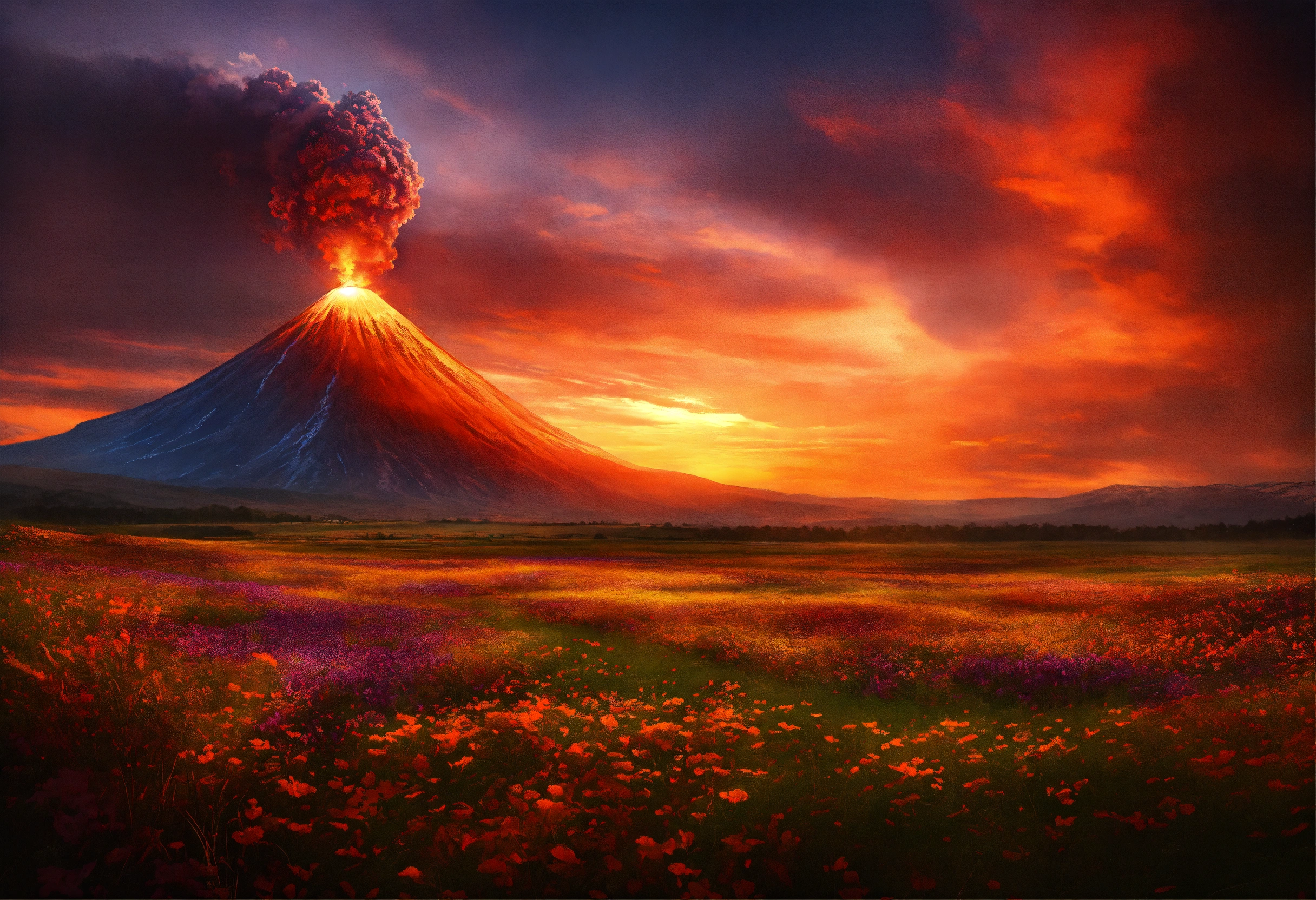 Lexica - Fantasy field sunset volcano on the field