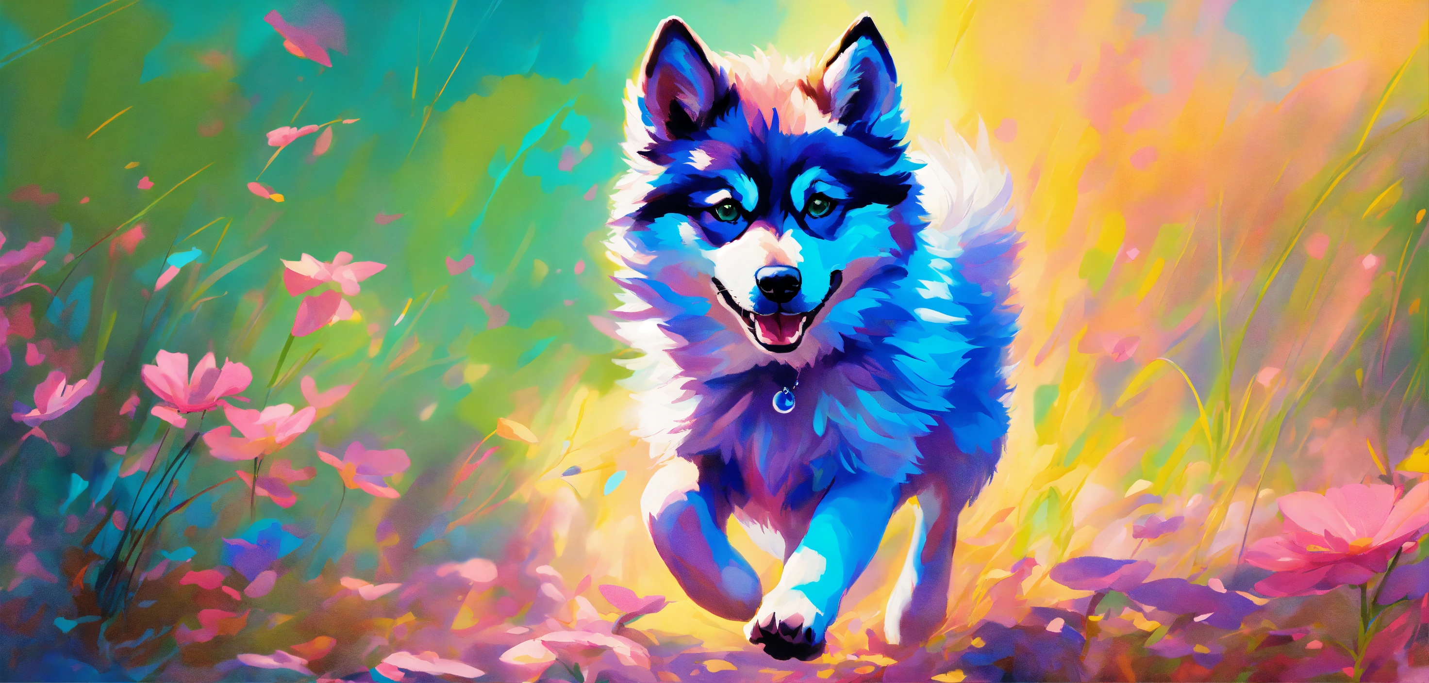 Lexica - In this vibrant painting, a graceful Pomsky is captured in ...