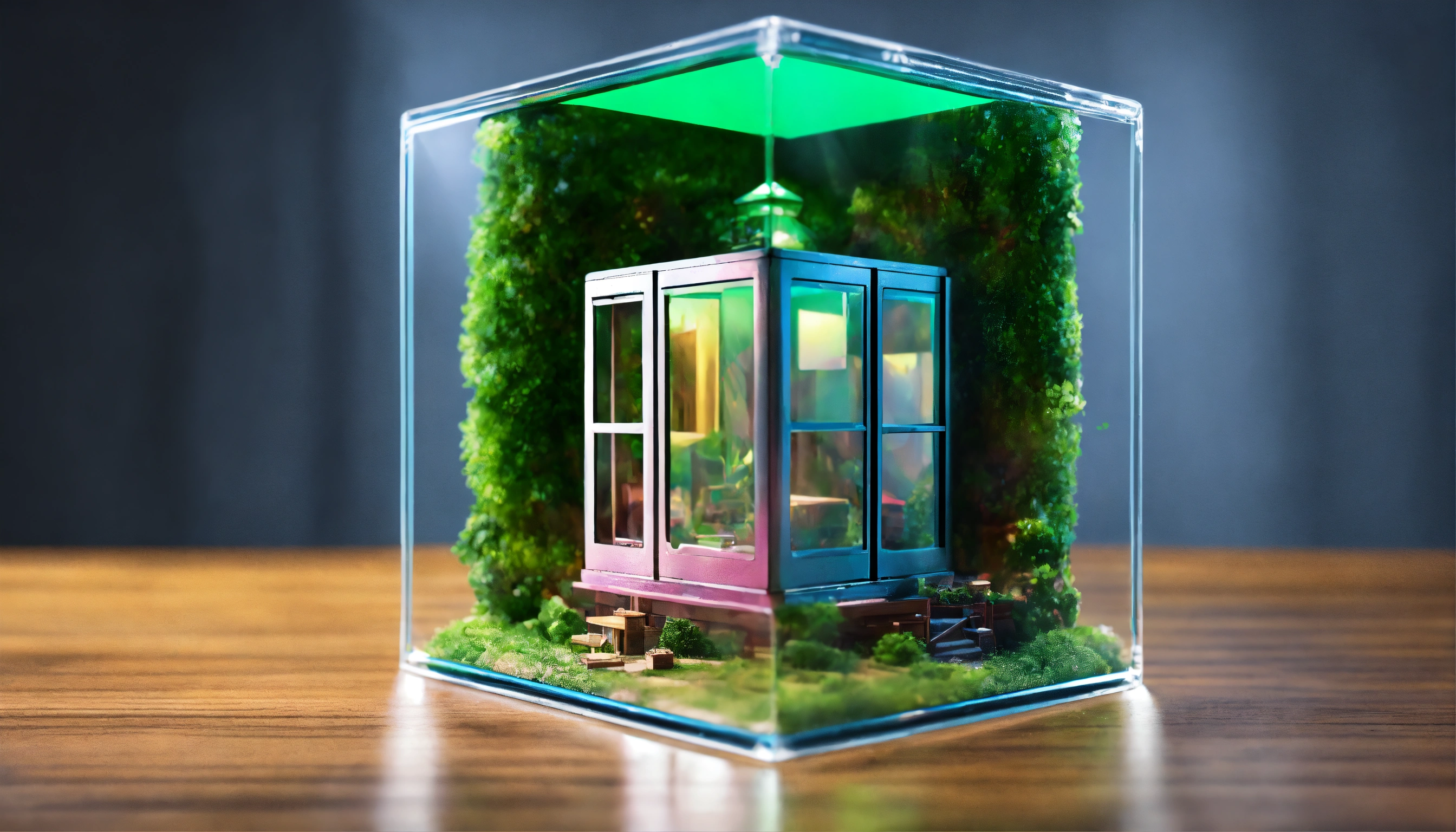 Lexica - Cube, 4k, small house inside cube!, clear plastic, iridescent