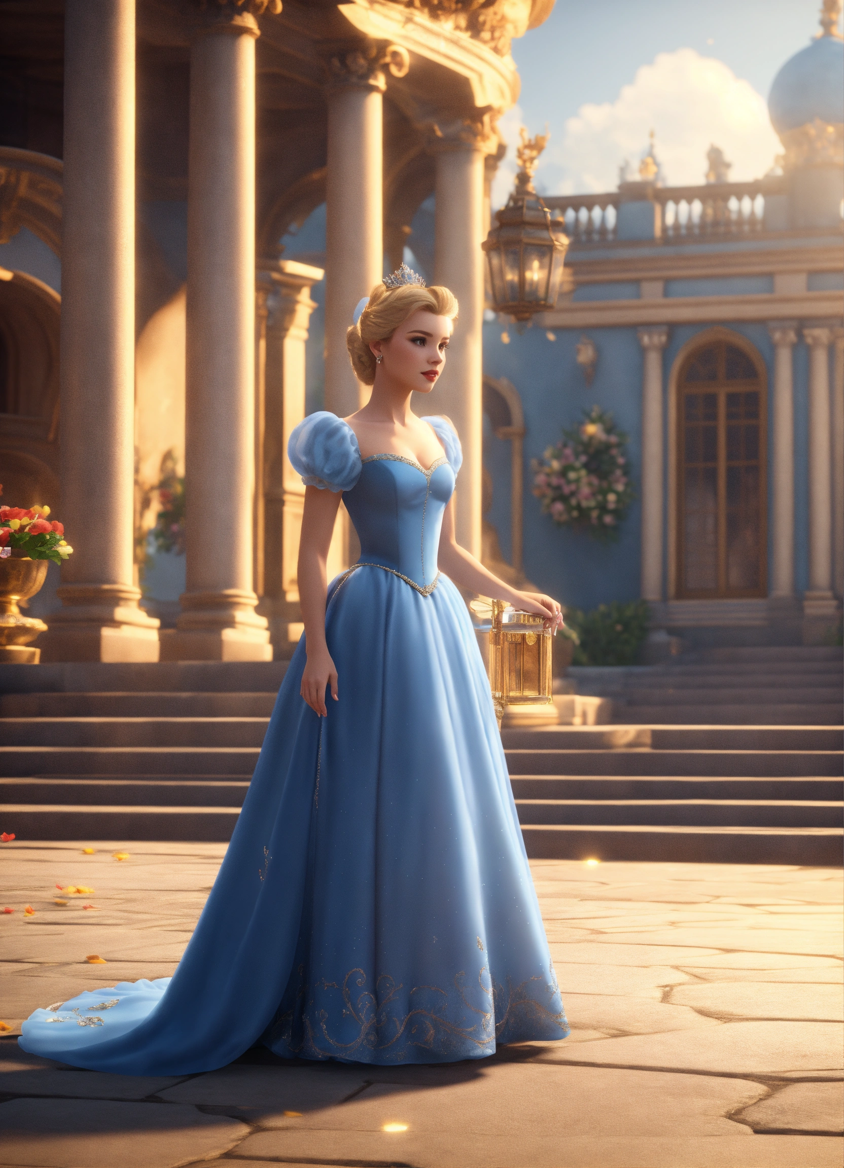 Lexica - Cute Cinderella wearing a blue gown, looking at a glass ...