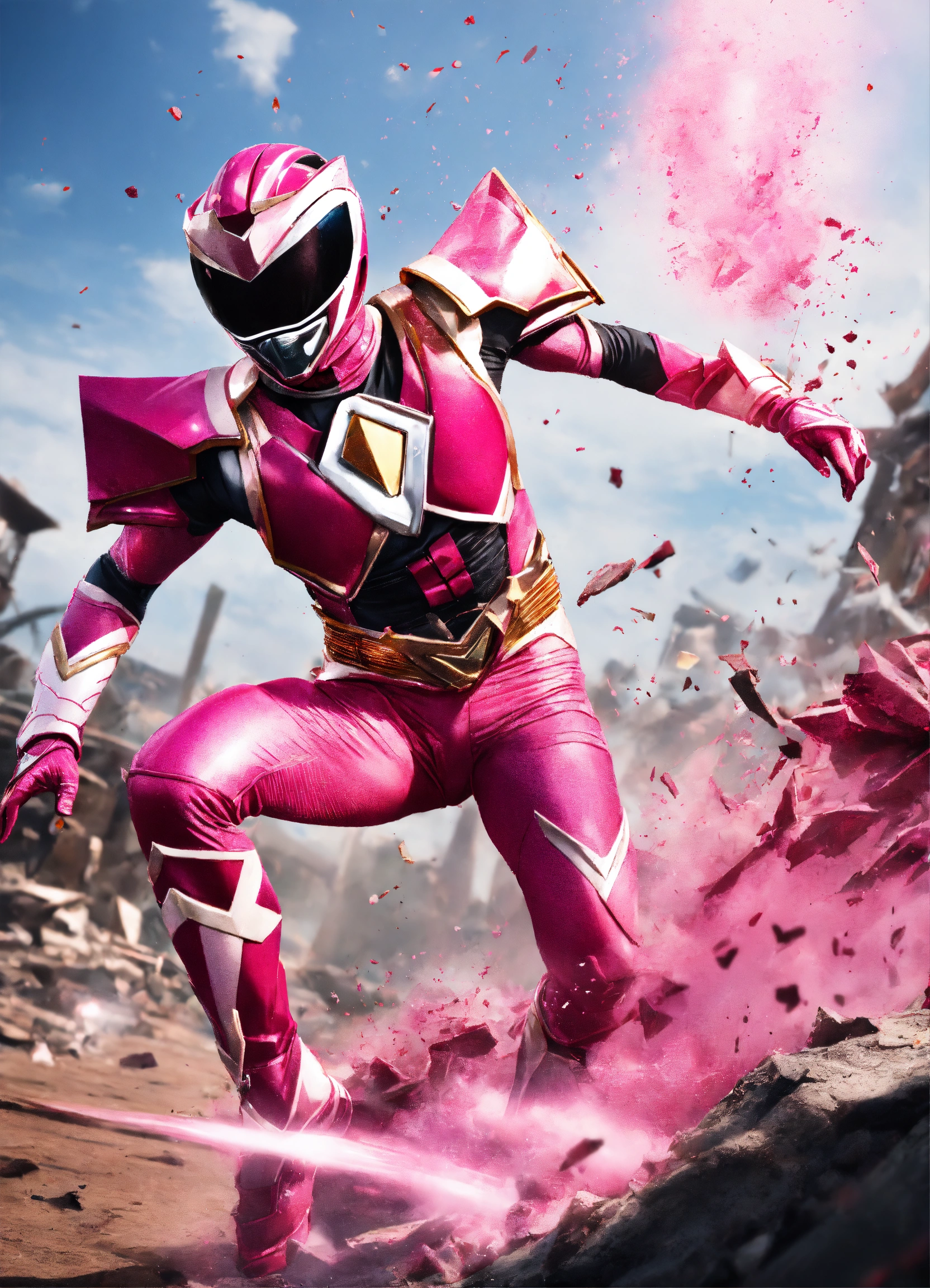 Lexica - Realistic image of the pink power ranger falling in battle ...