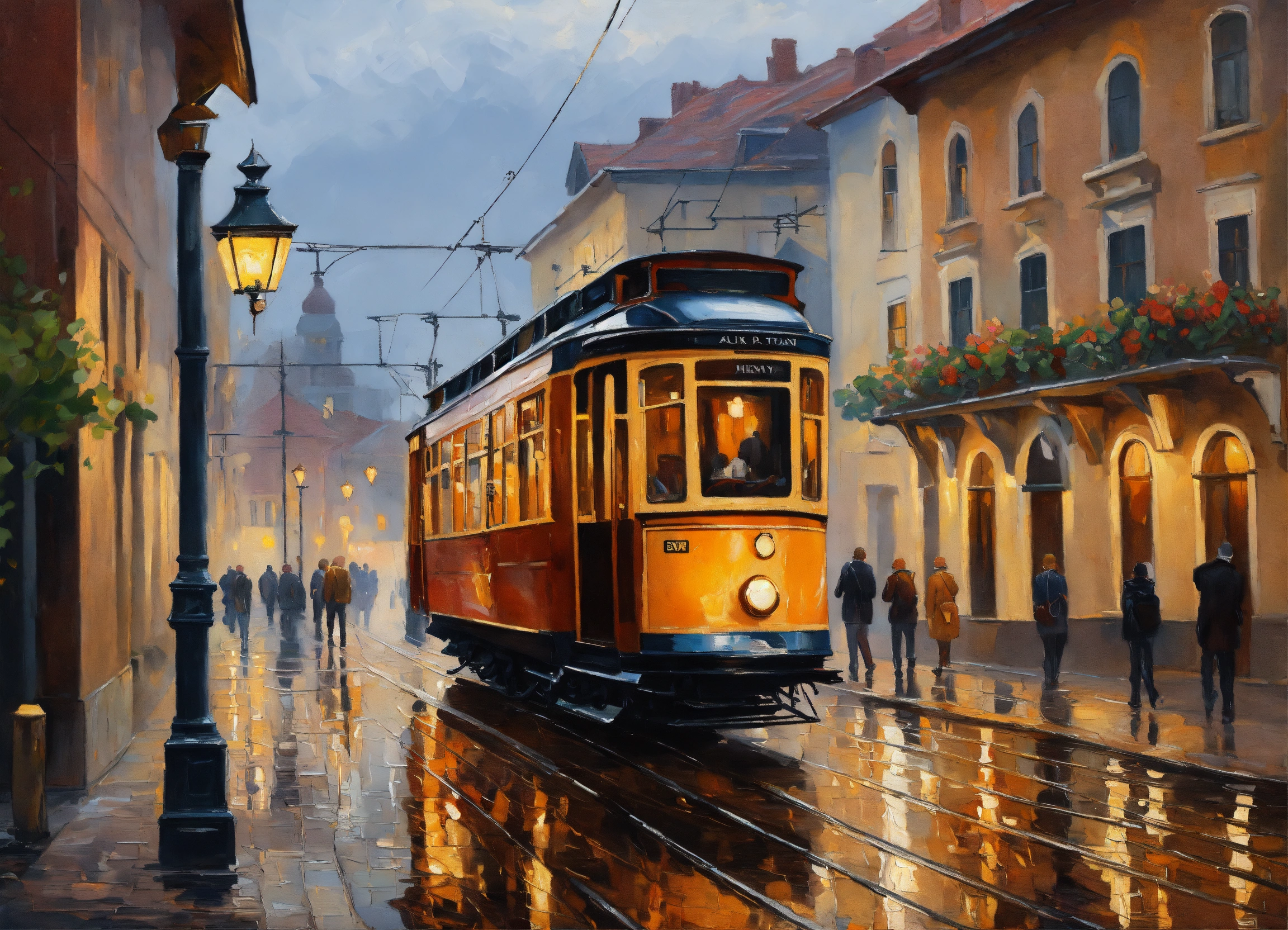 Lexica - Oil paintings landscape, old tram in the street. old city ...
