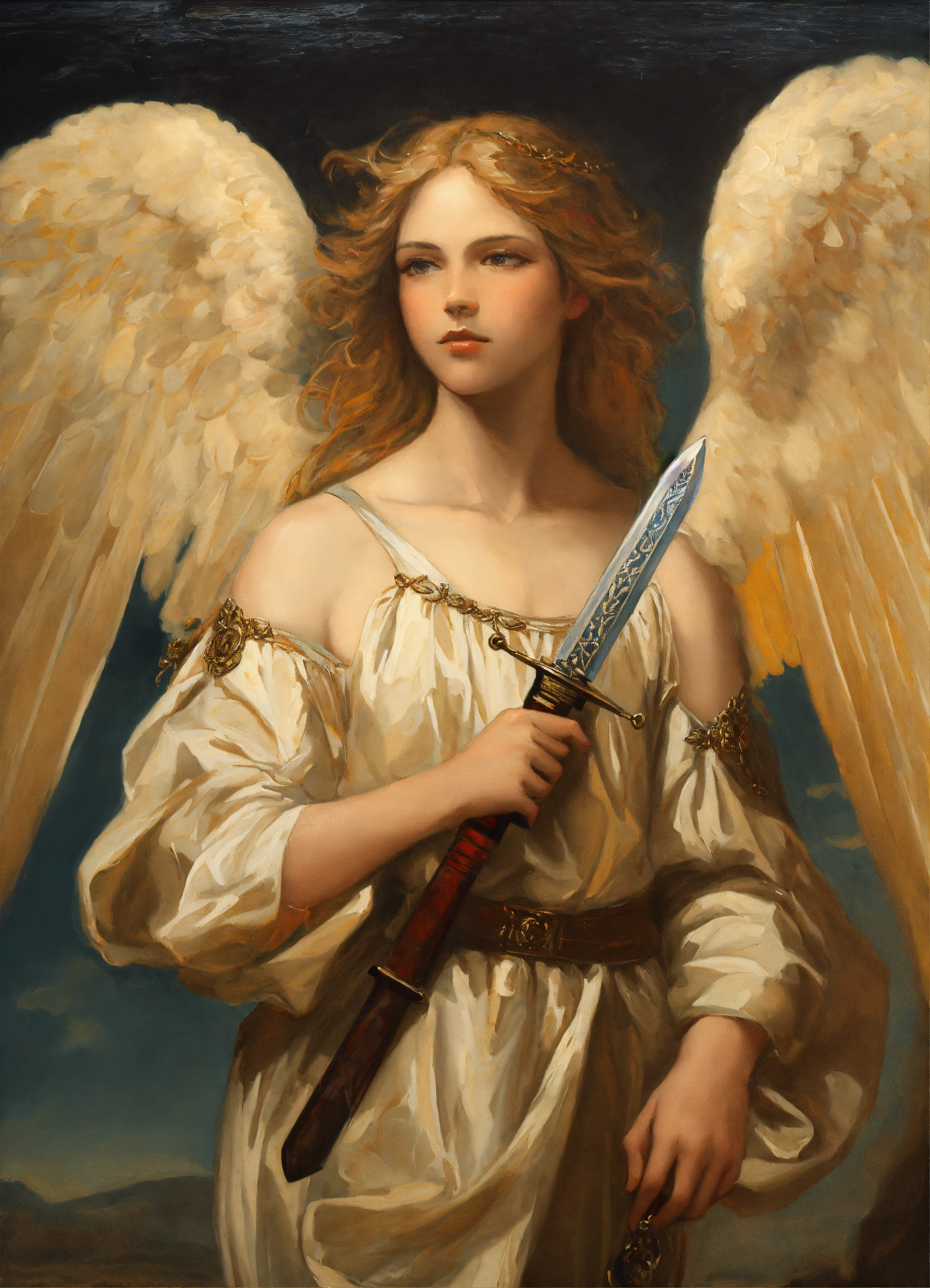Lexica - Oil painting portrait of an angel holding a sword