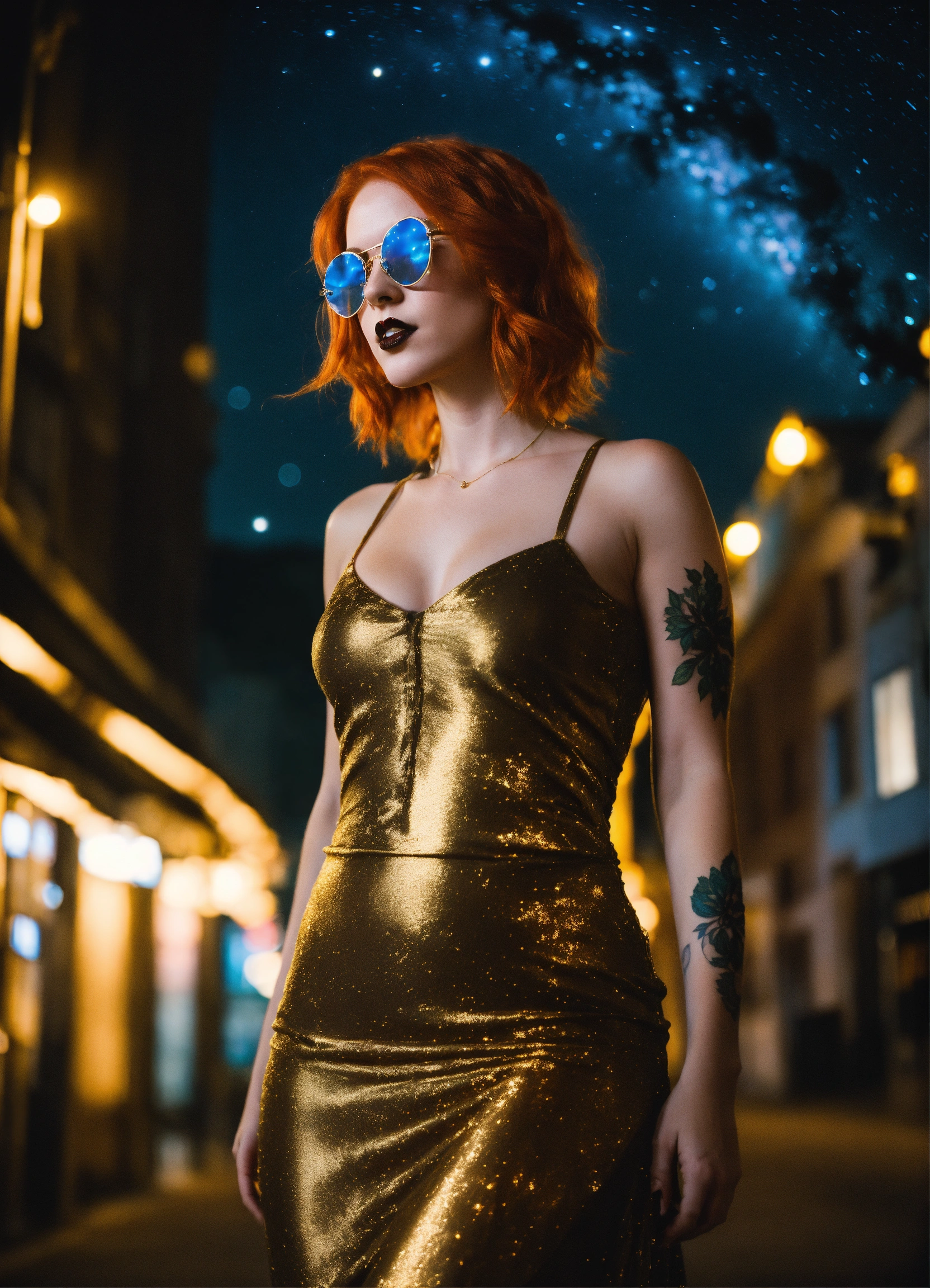 Lexica - A real photo of a cute 28 year old hot redhead goth girl wearing a  tight golden silk open dress and hot glasses standing in a city. In the s...