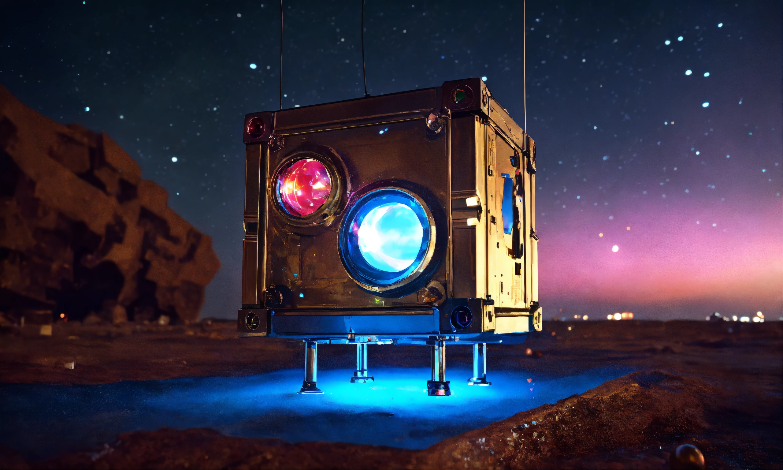 Lexica - Small floating polished steel cube bot with 2 round lights on ...