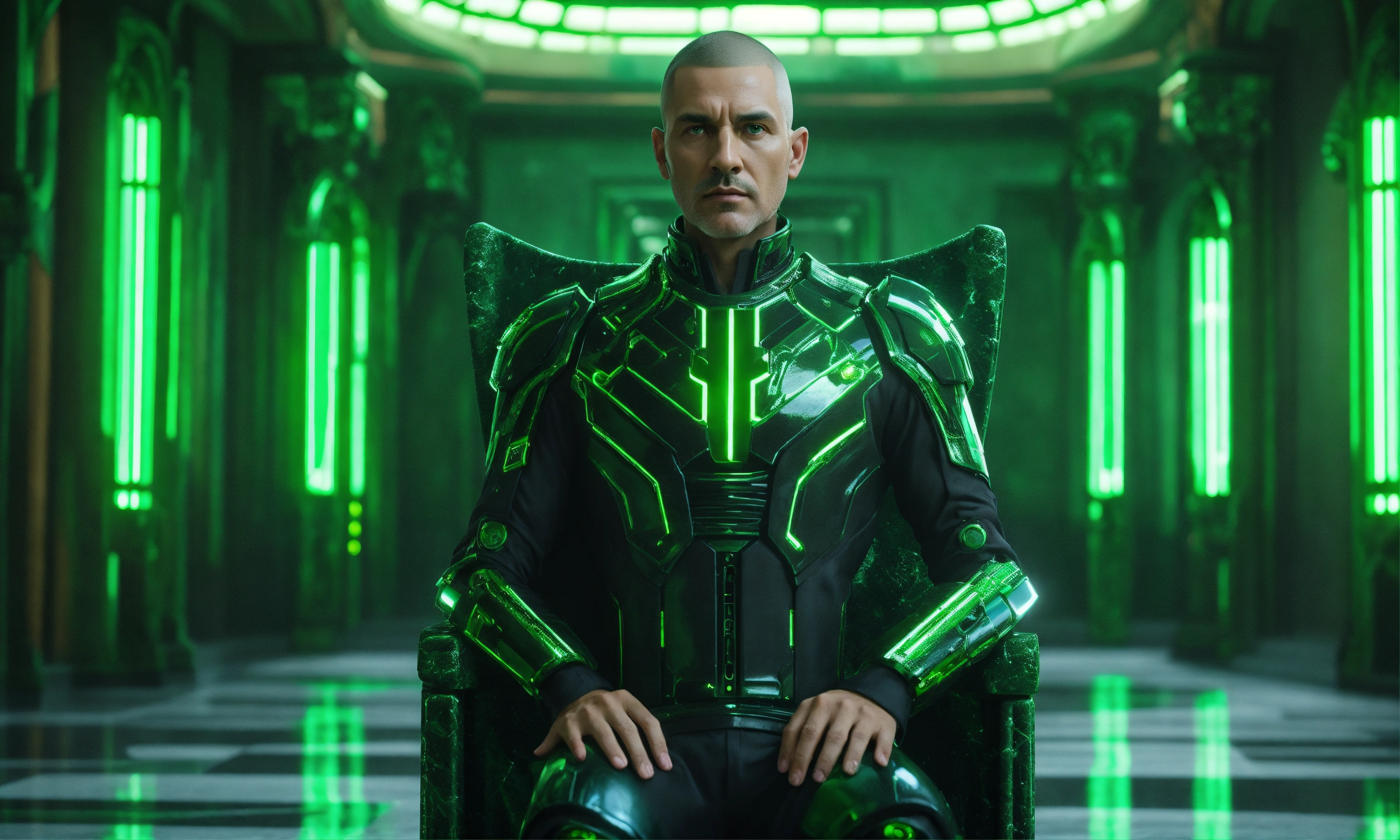 Lexica - Full body image of a sci fi king wearing a black and green ...