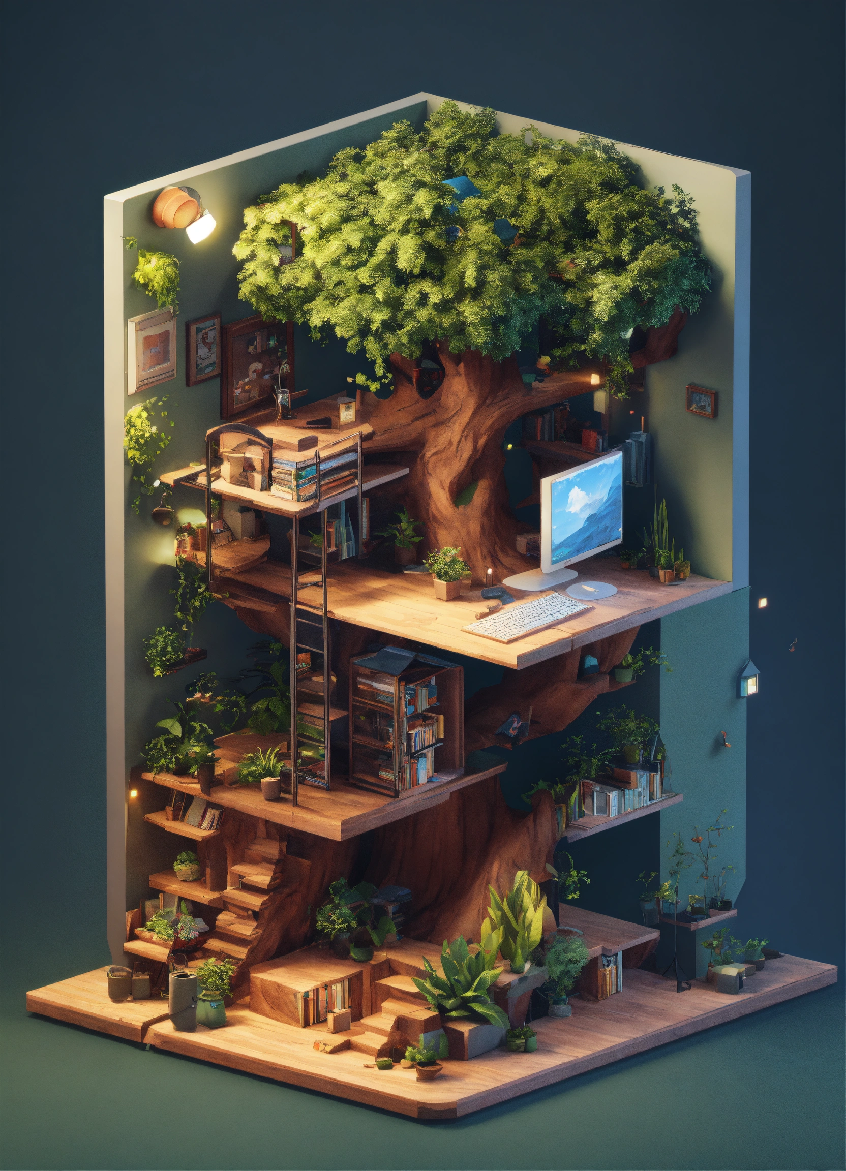 Lexica - Cube cutout of an isometric treehouse with a gaming pc ...