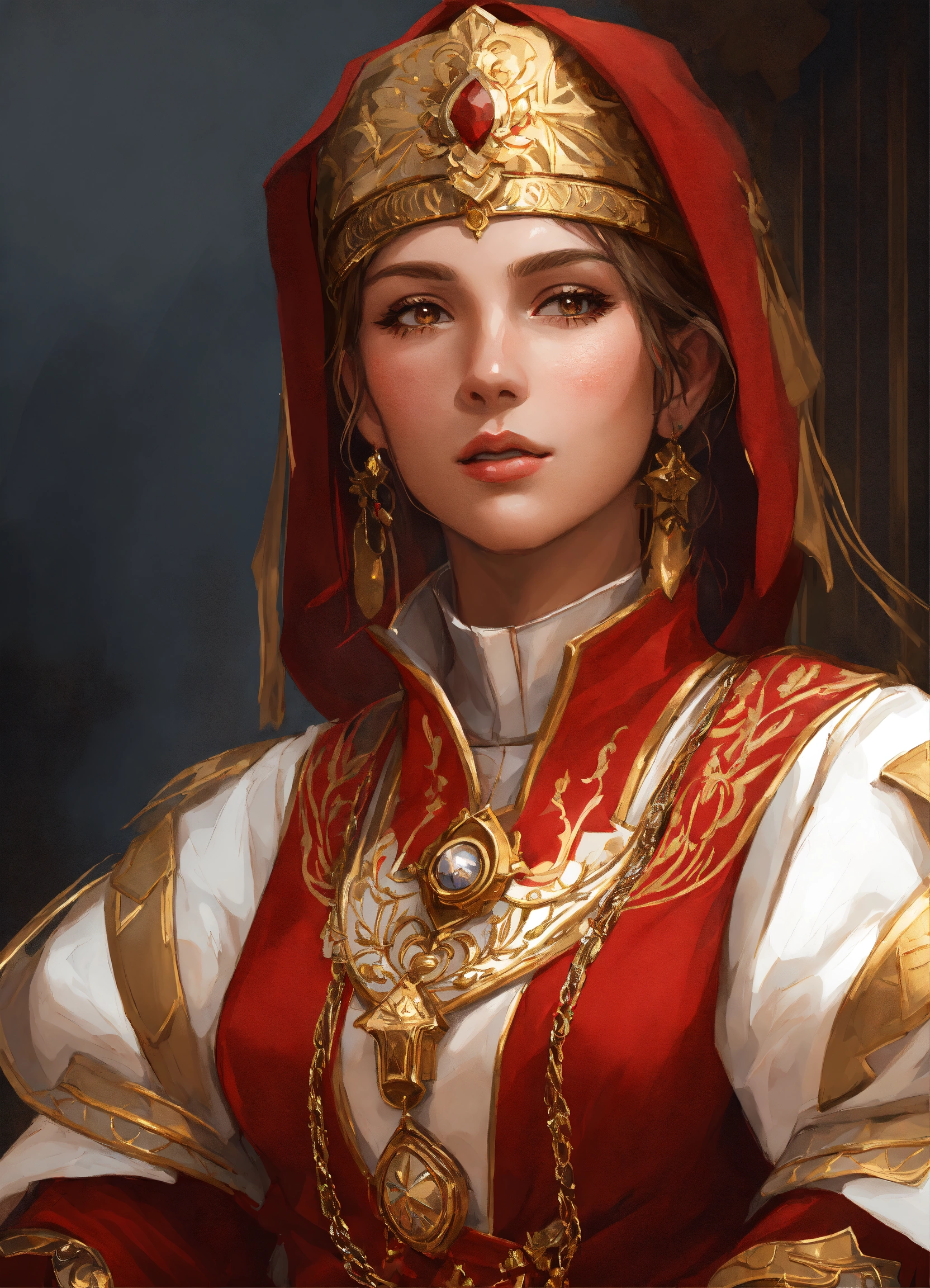 Lexica - Praios female cleric, red and white clothes, gold details ...