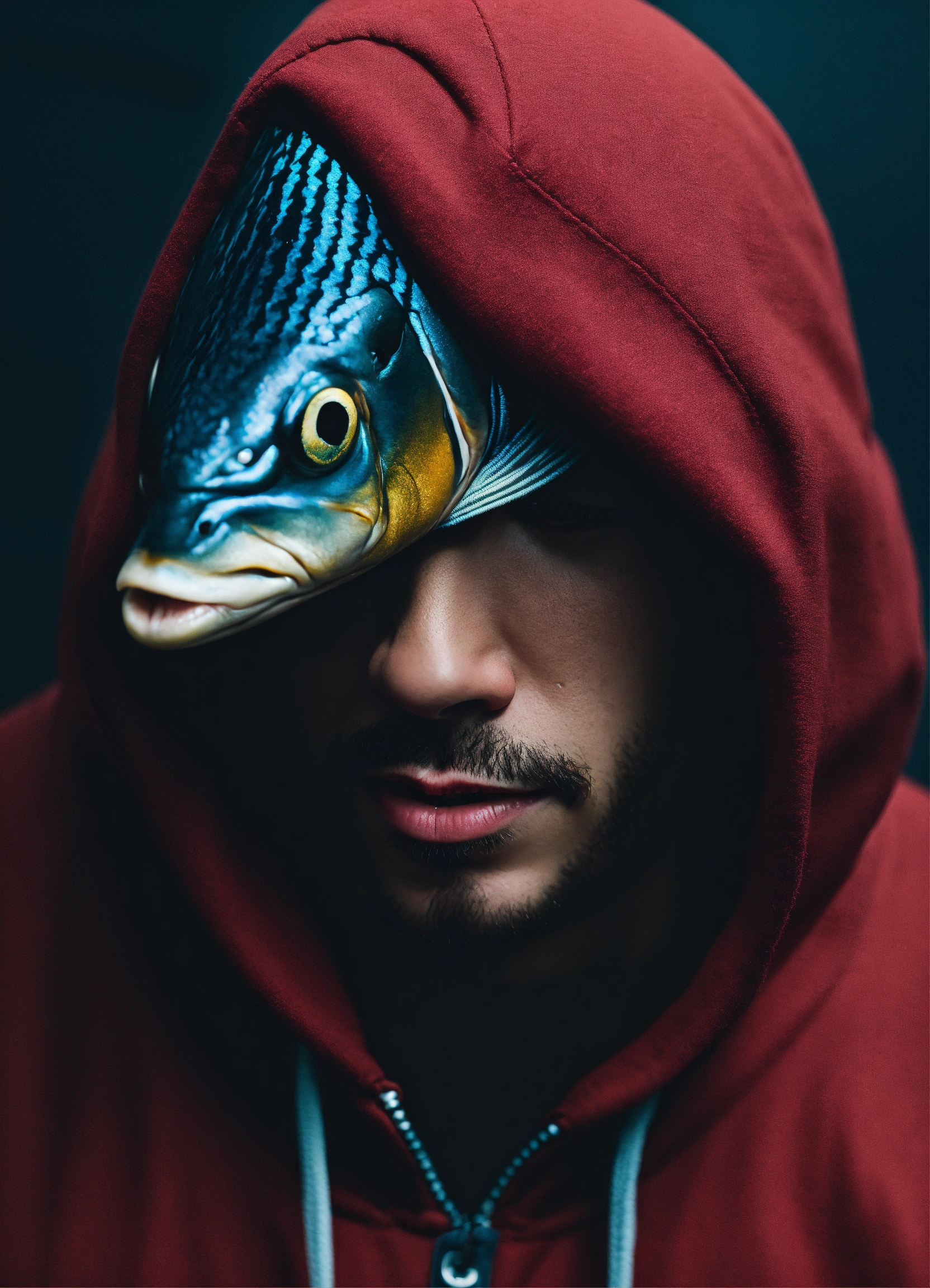 Lexica - A close up of a man, With hoodie, with a face of a fish