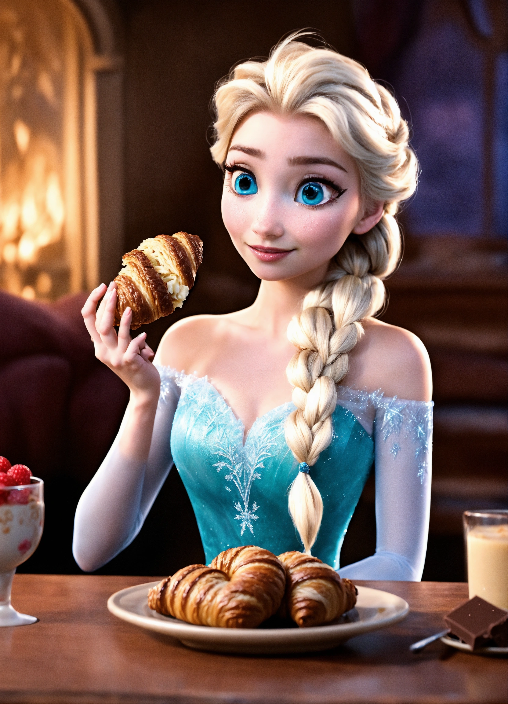 Lexica - Elsa eating a chocolate croissant from the disney movie frozen