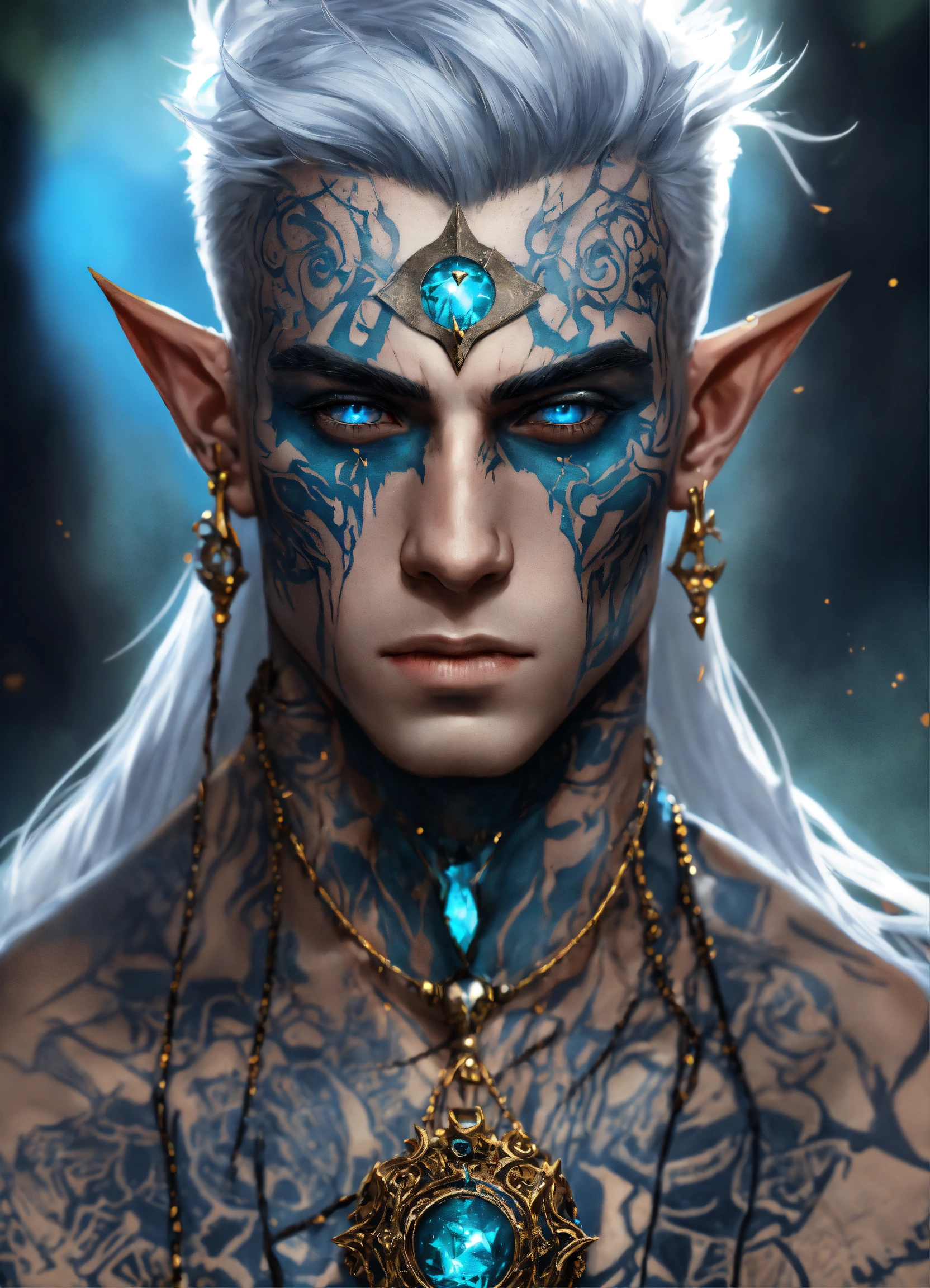Lexica - Fantasy torso shot of a tatooed male elf, sickly thin, gaunt ...