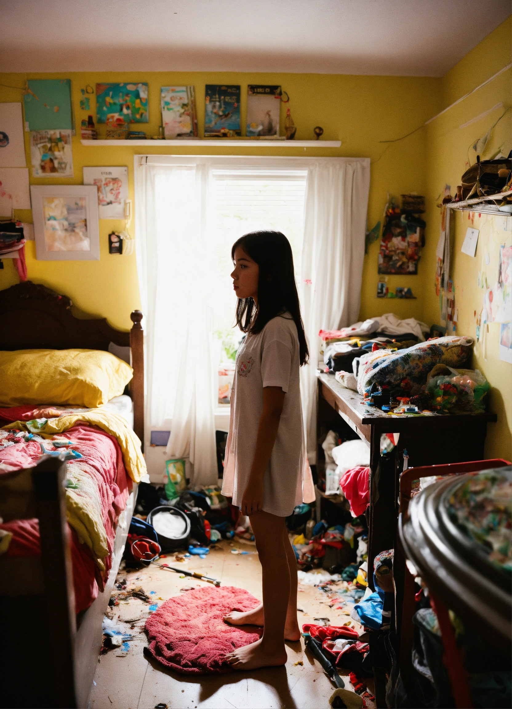 Lexica - A girl standing at the door of a messy bedroom