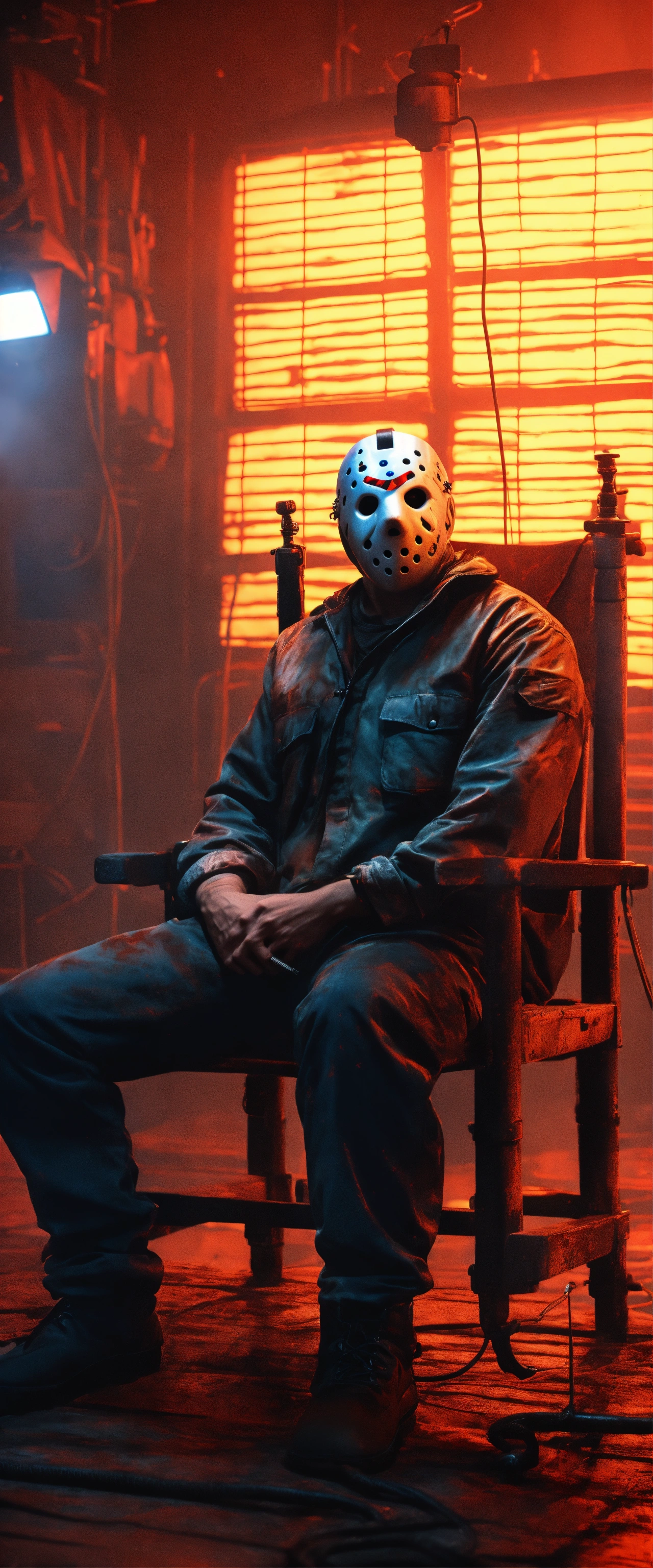 Lexica - Jason Voorhees sitting on an electric chair in the foreground ...