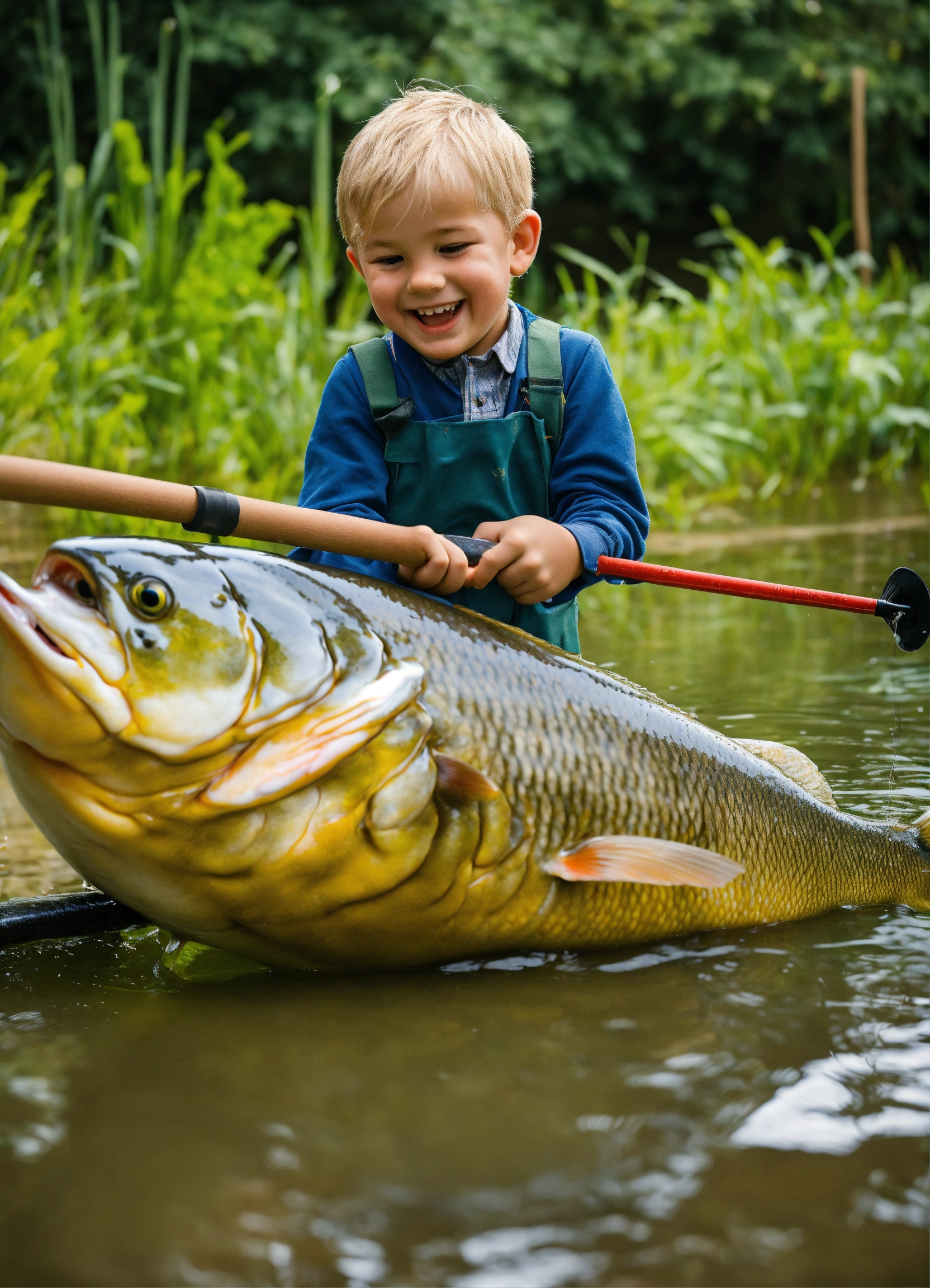 Lexica - A funny little boy who fished a big fish out of a pond
