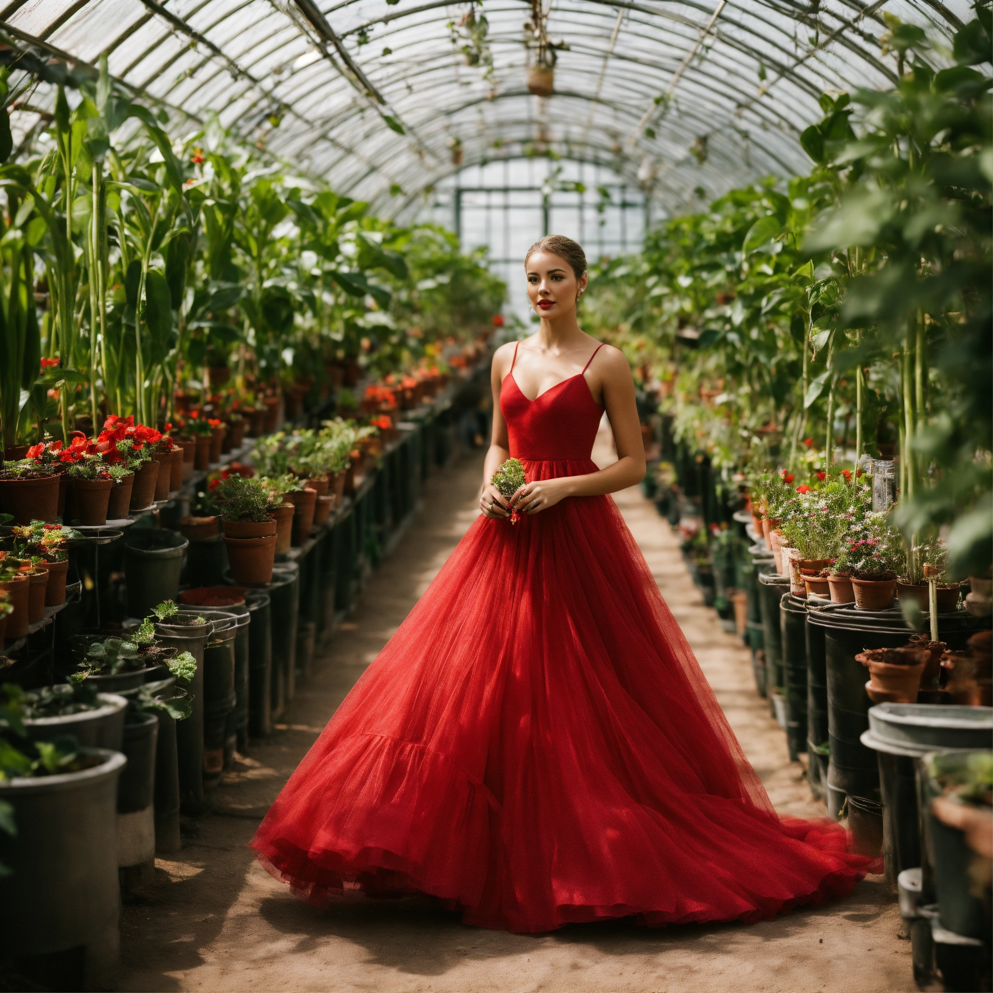 Lexica - A woman wearing a red dress in a greenhouse