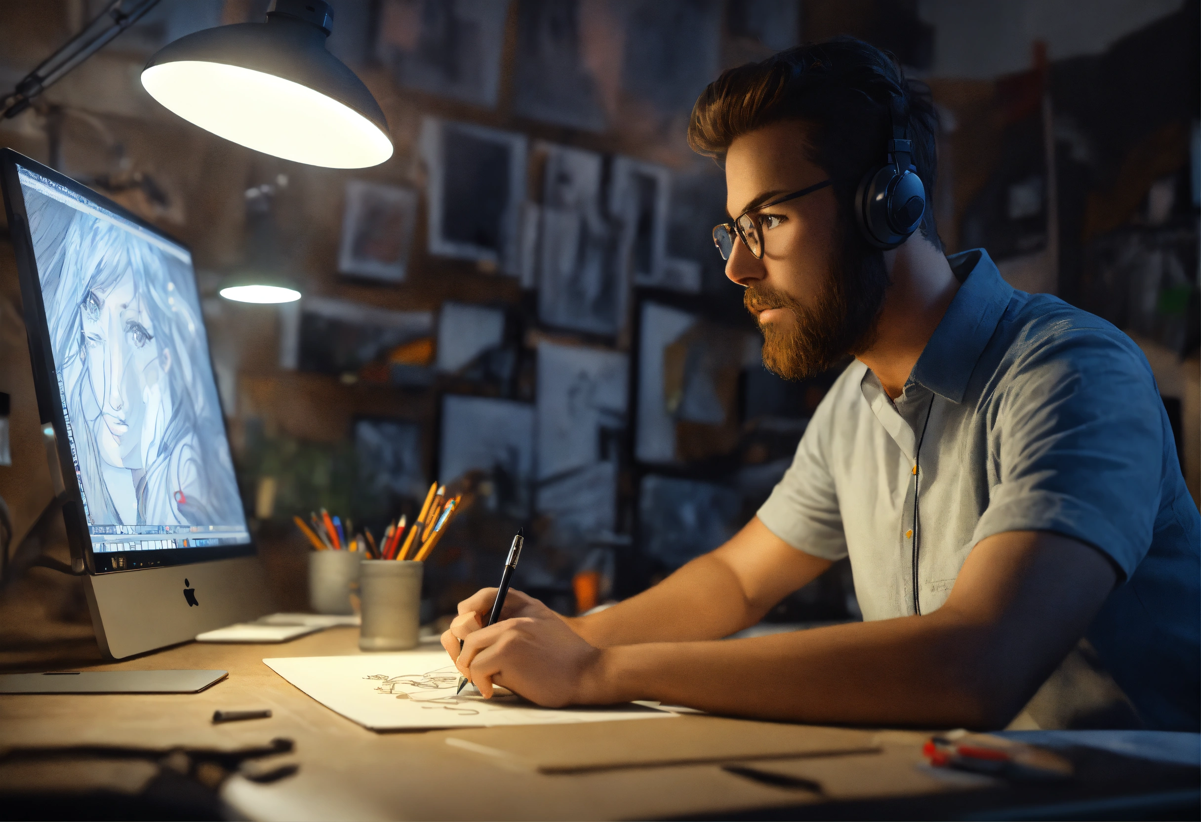 Lexica - A designer sits in his art studio at a computer and draws a ...