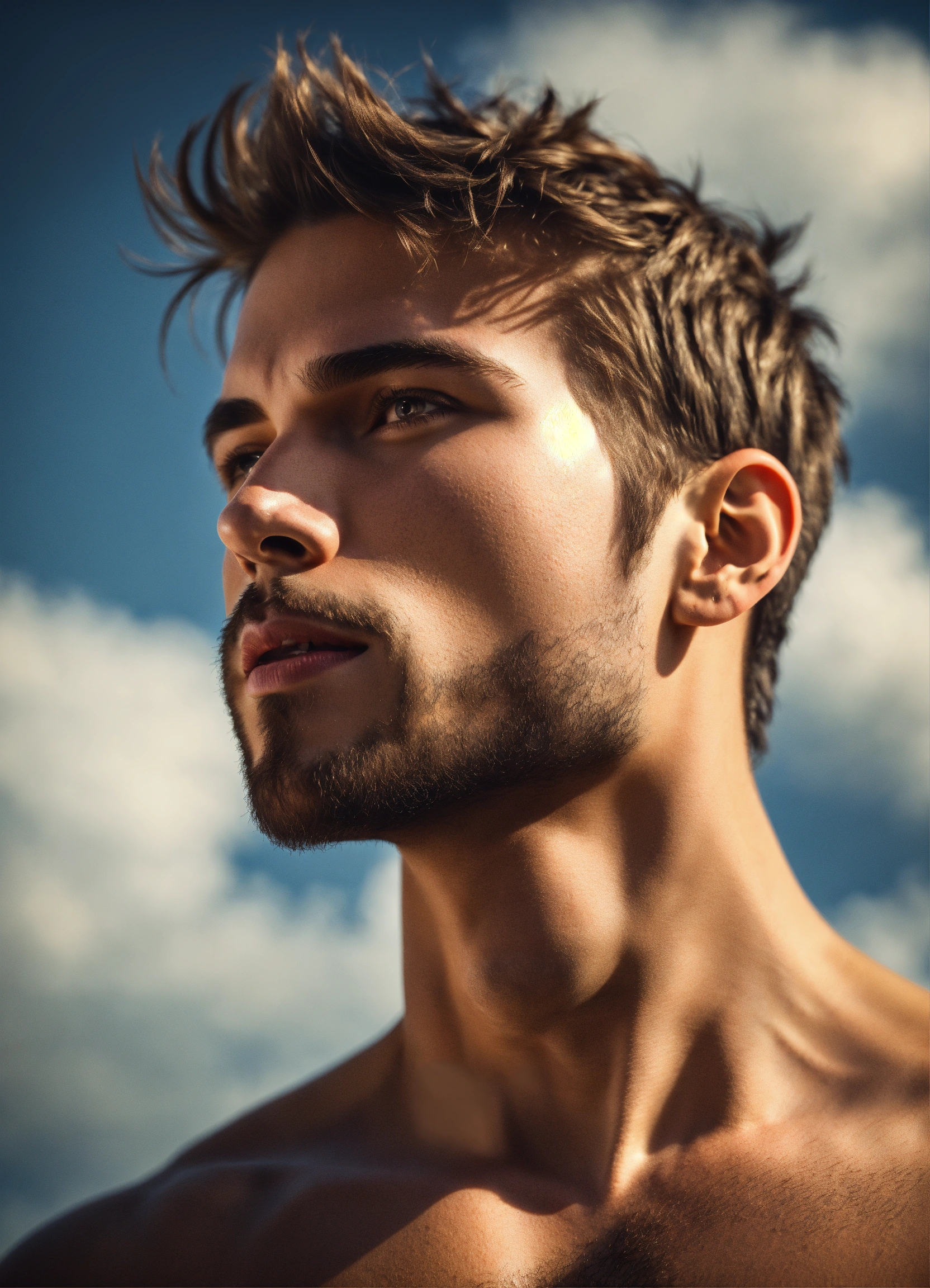 Lexica - Gorgeous well built guy, short cropped hair, open shirt, hairy  chest, looking up at the skies, 4k resolution, photo realistic image