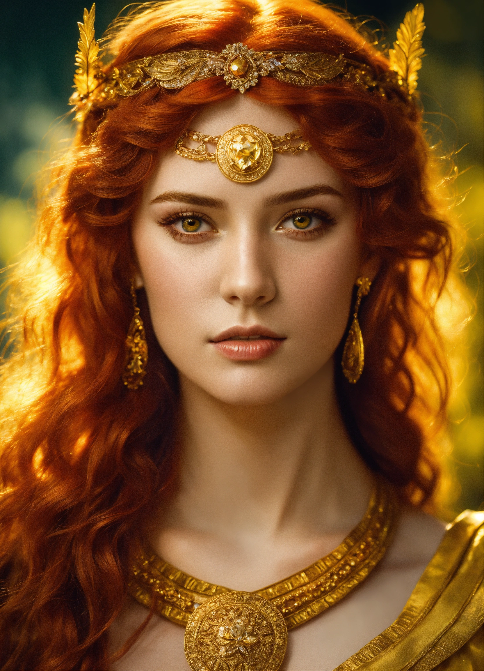 Lexica - Greek goddess with red hair and yellow eyes. royal portrait