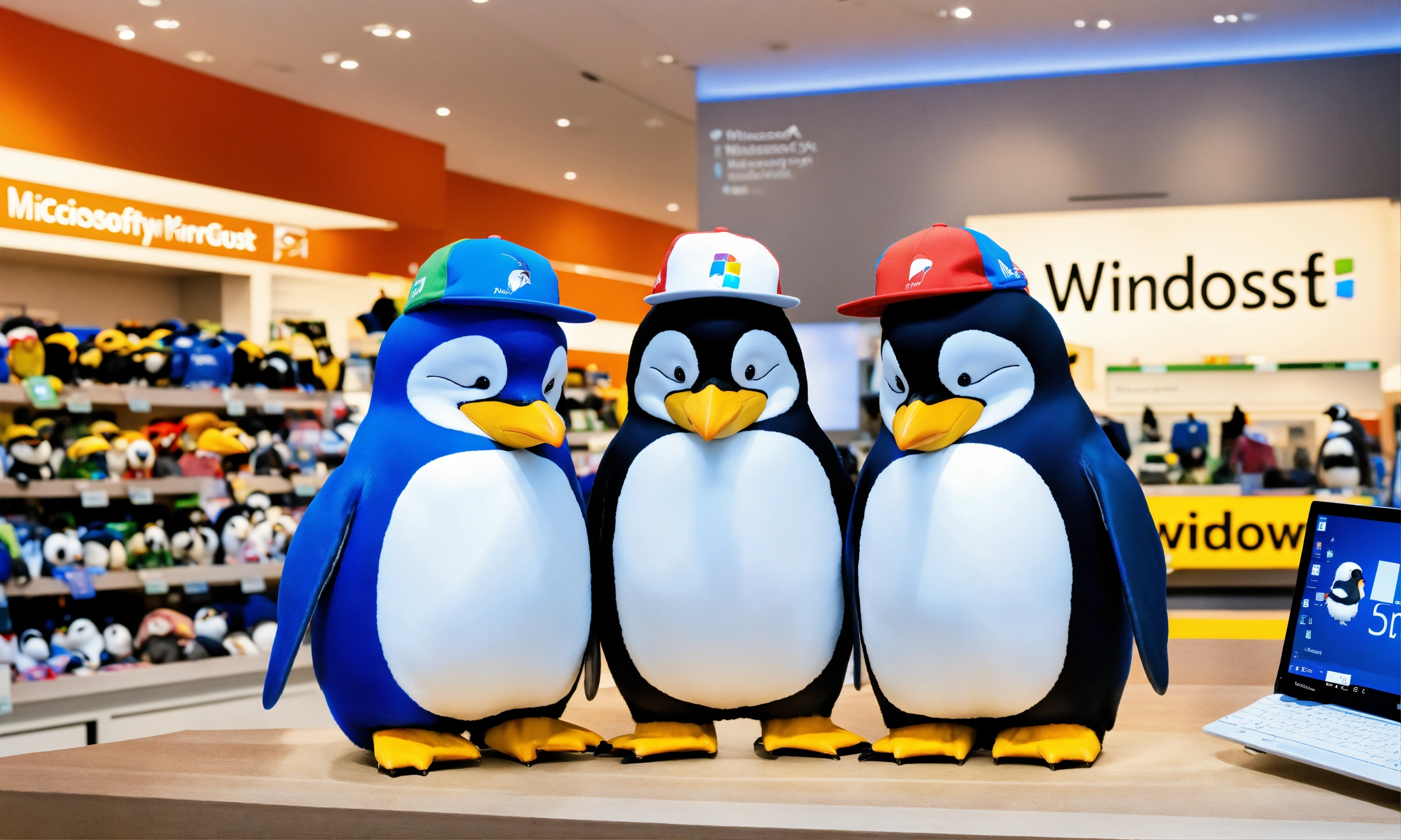 Lexica - Three embarrassed-looking penguins wearing Microsoft Windows ...
