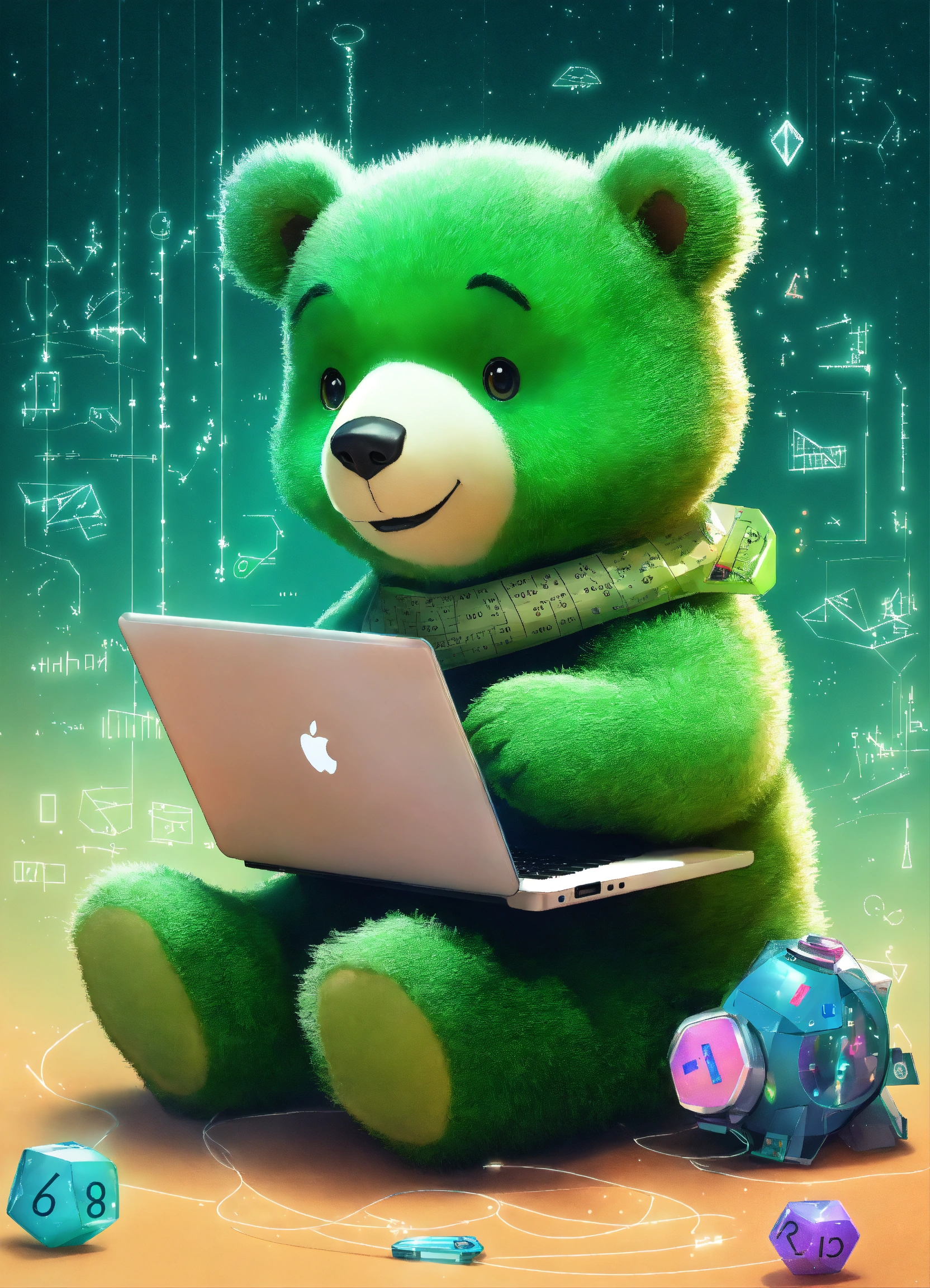 Lexica - Green bear cub with a toy laptop in the magical world of IT ...