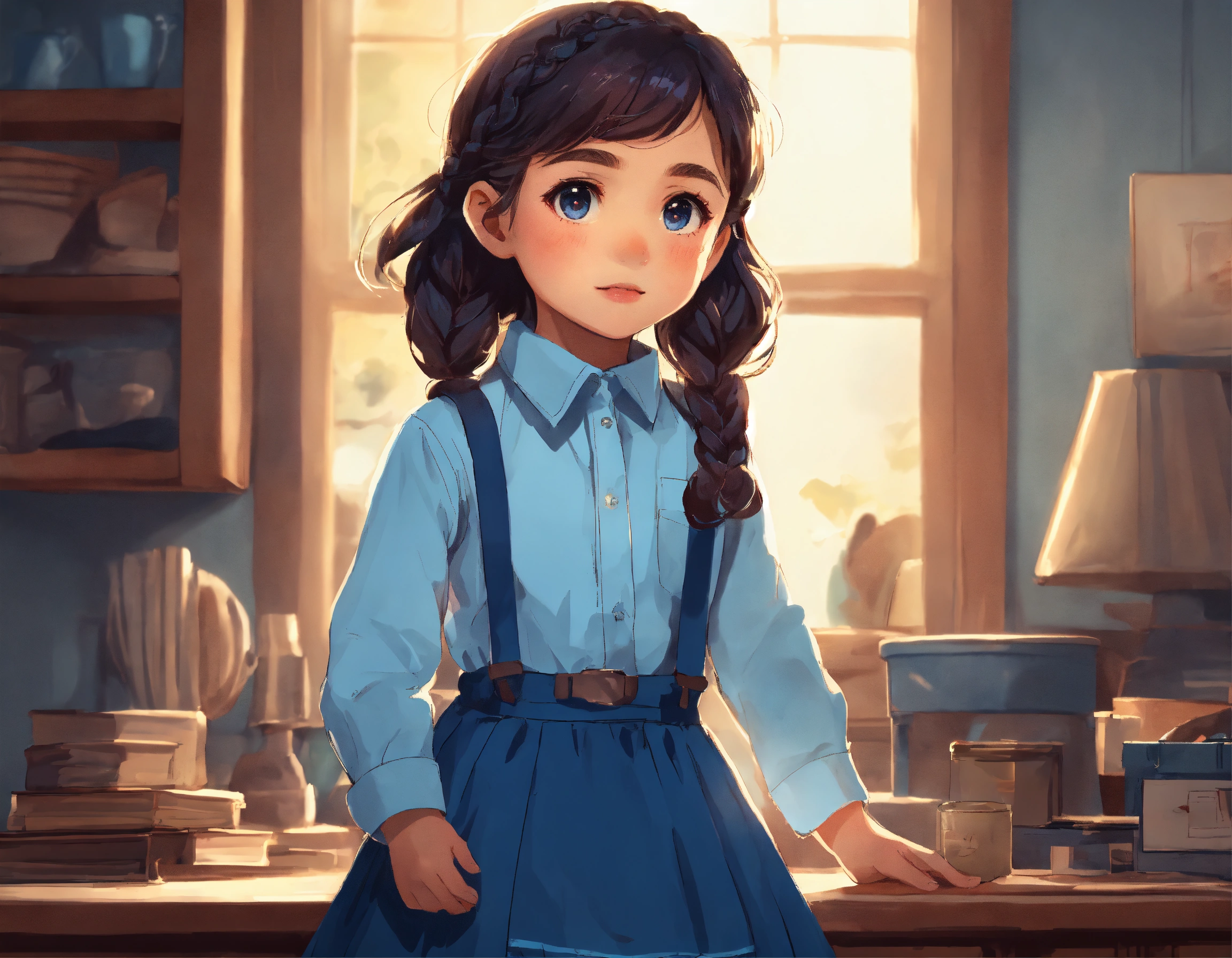 Lexica - A cute five-year-old girl with a light blue button-down shirt ...
