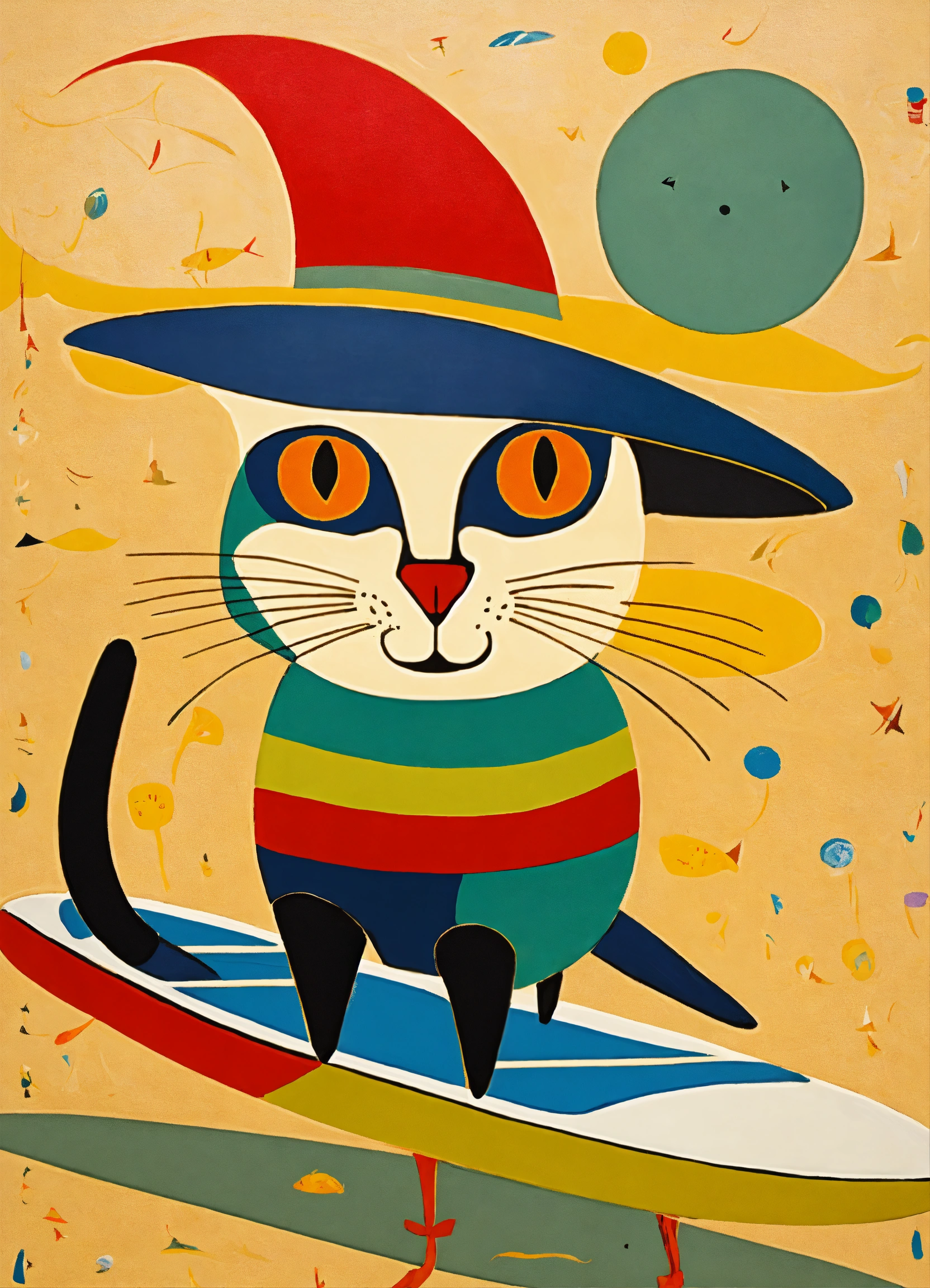 Lexica - Cat with a hat over a surfer board, miro style