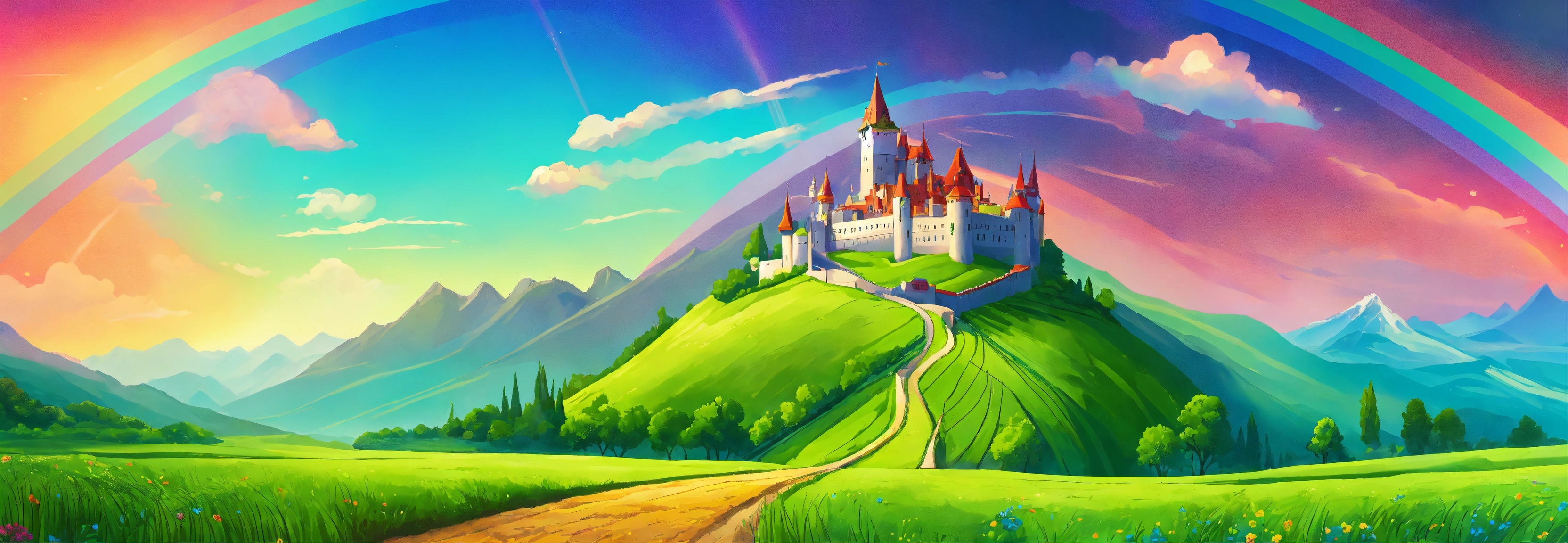 Lexica - Fantasy cartoon landscape with a green field with moutains and ...