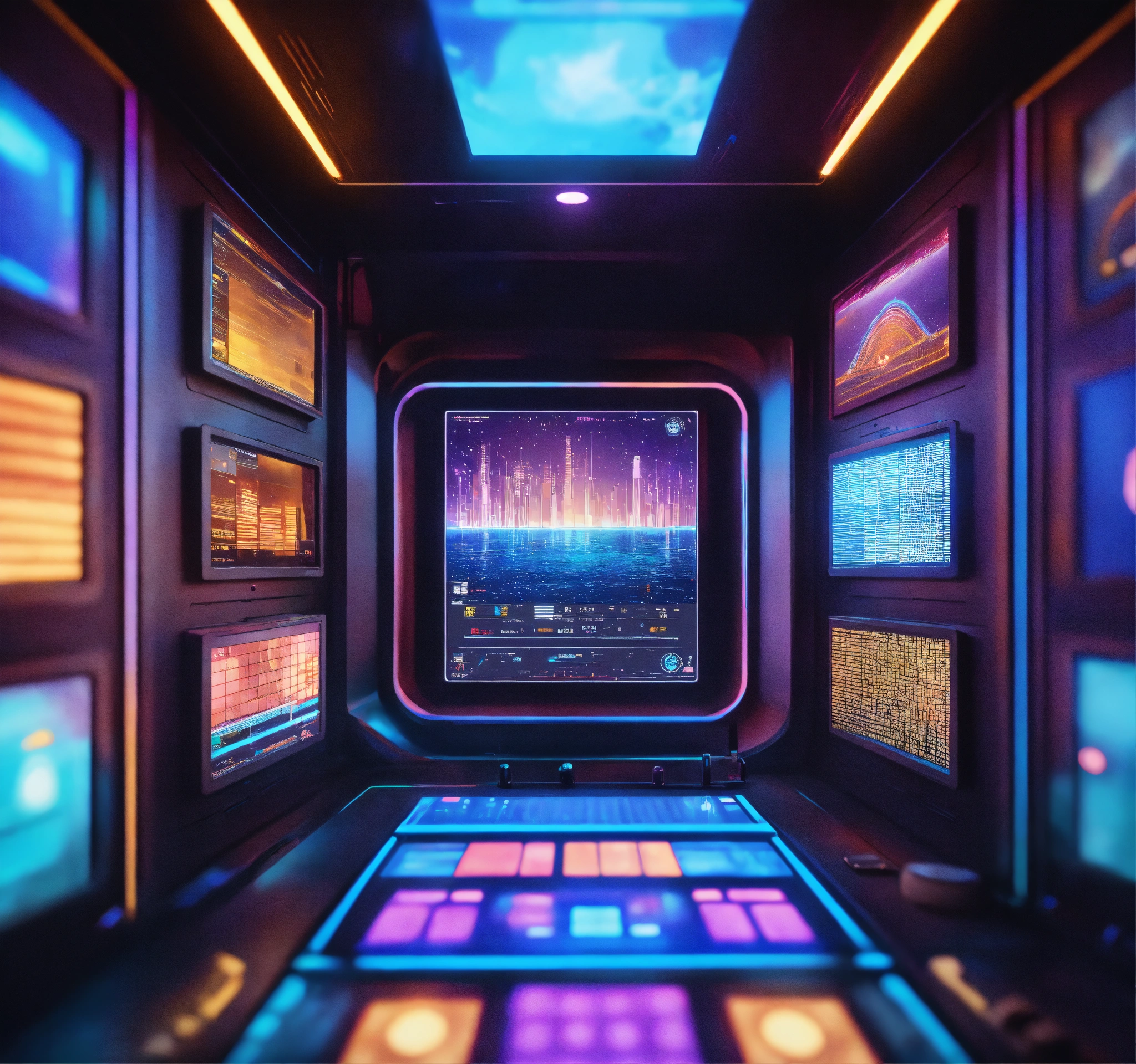 Lexica - Close up of 1 big screen in the center of a bunch of big ...