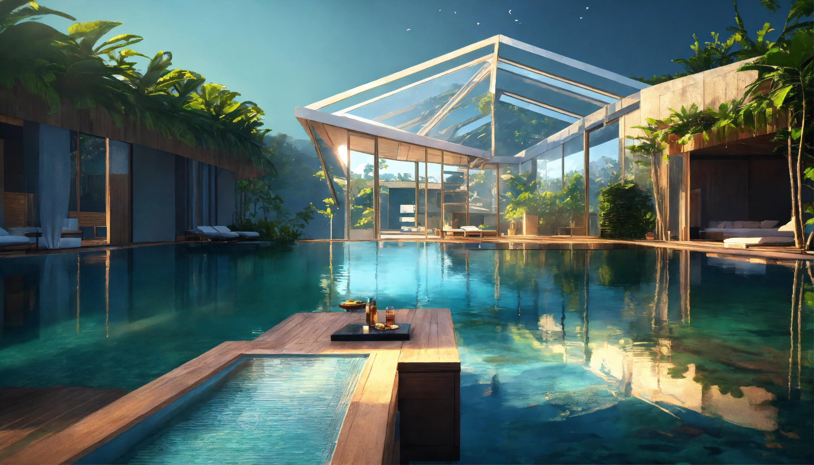 Lexica - Villa overlooking a swimming pool at sunset, in the style of ...