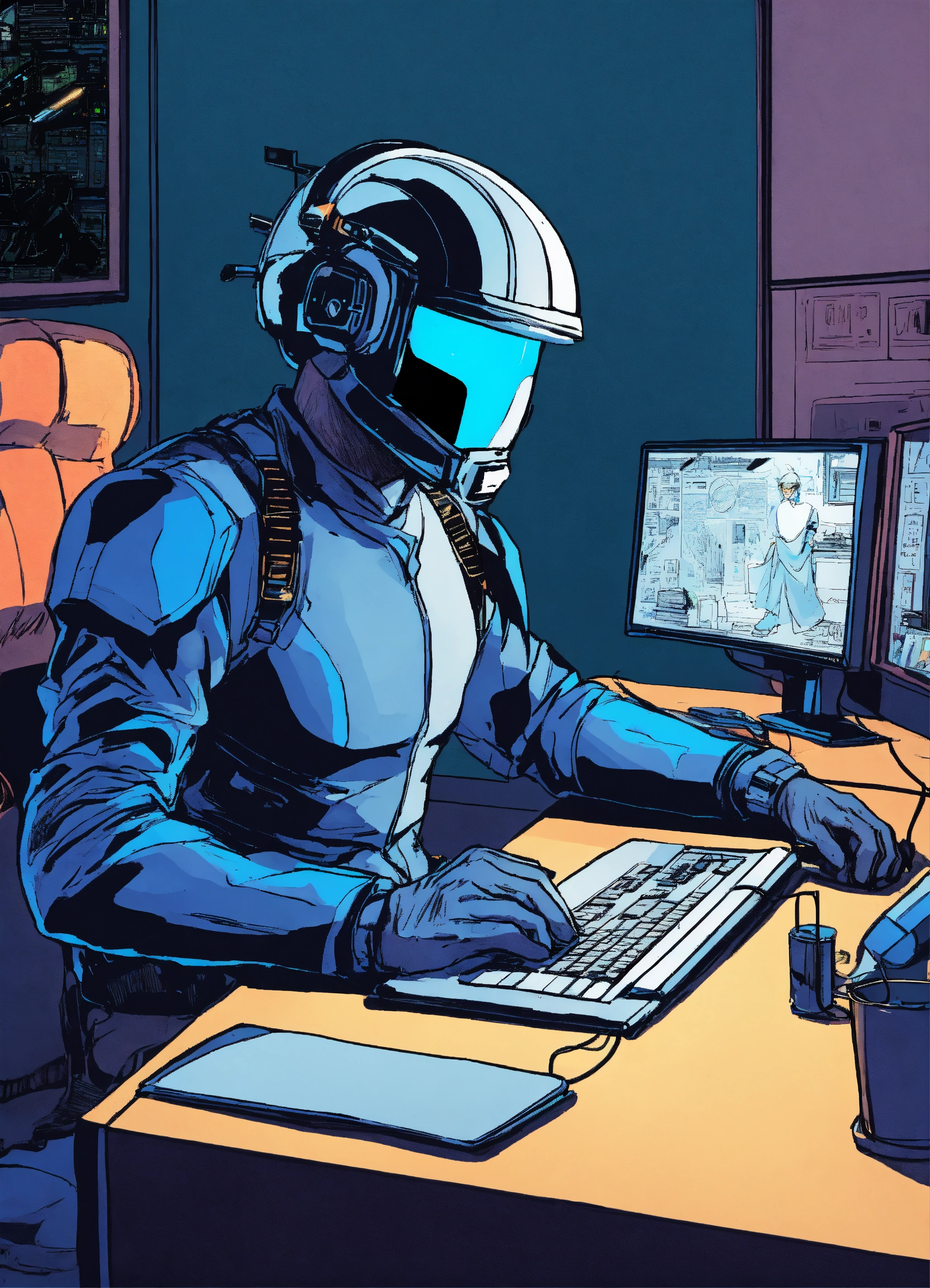 Lexica - A comic drawing Man sitting in front of a computer with a ...