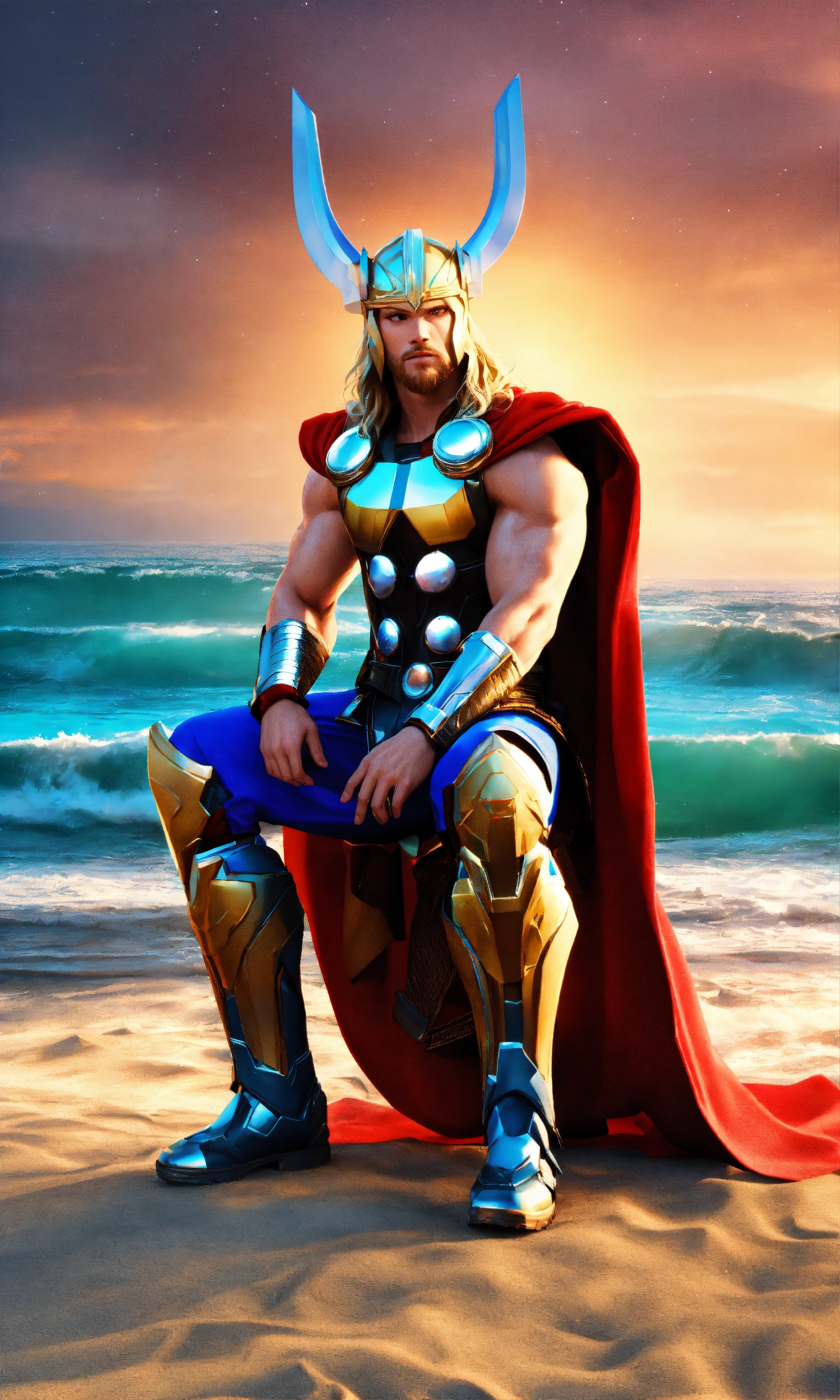 Lexica - Thor on seaside full-body, colorful background, 3D render, sitting