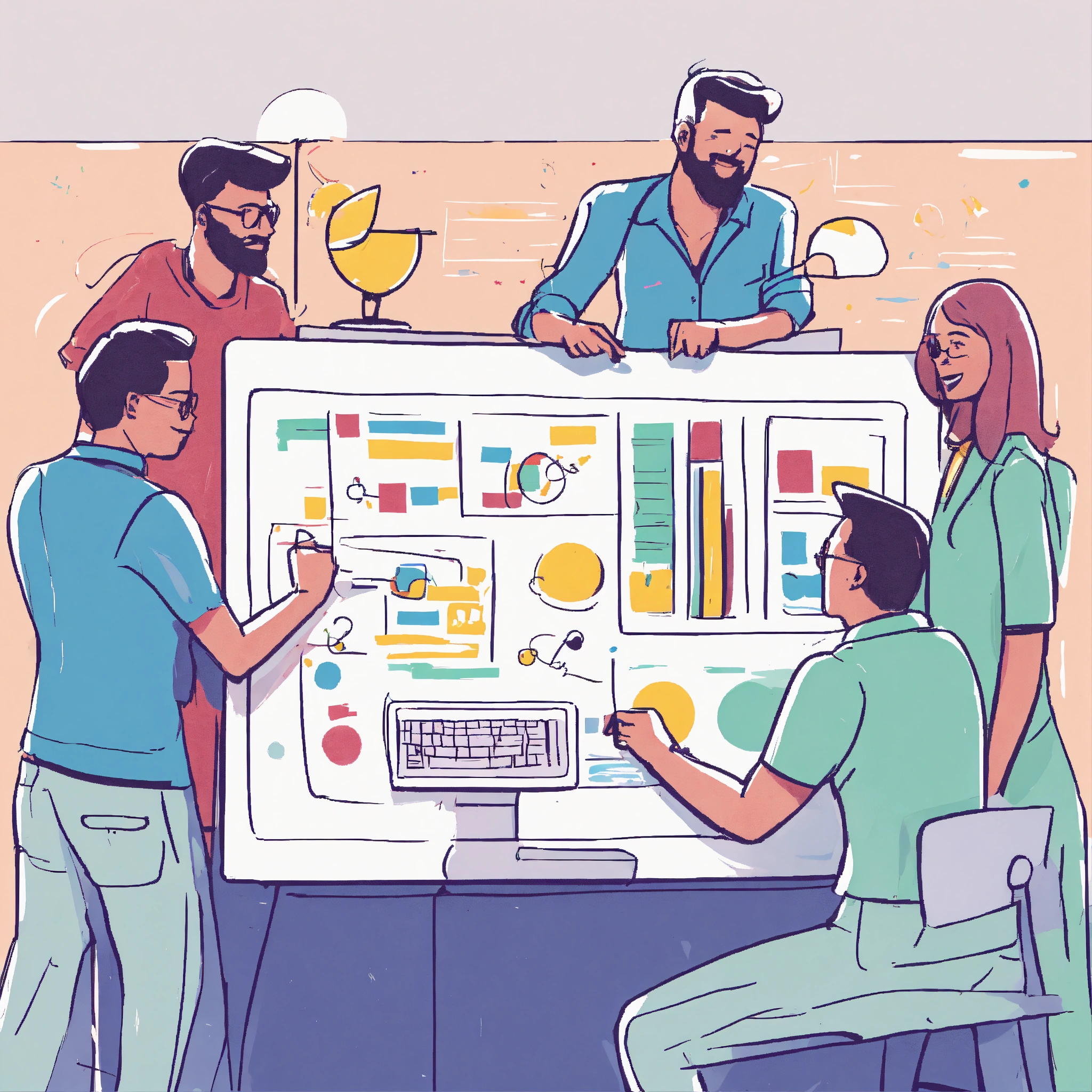 Lexica - Very simple drawing of happy colleagues collaborating behind a ...