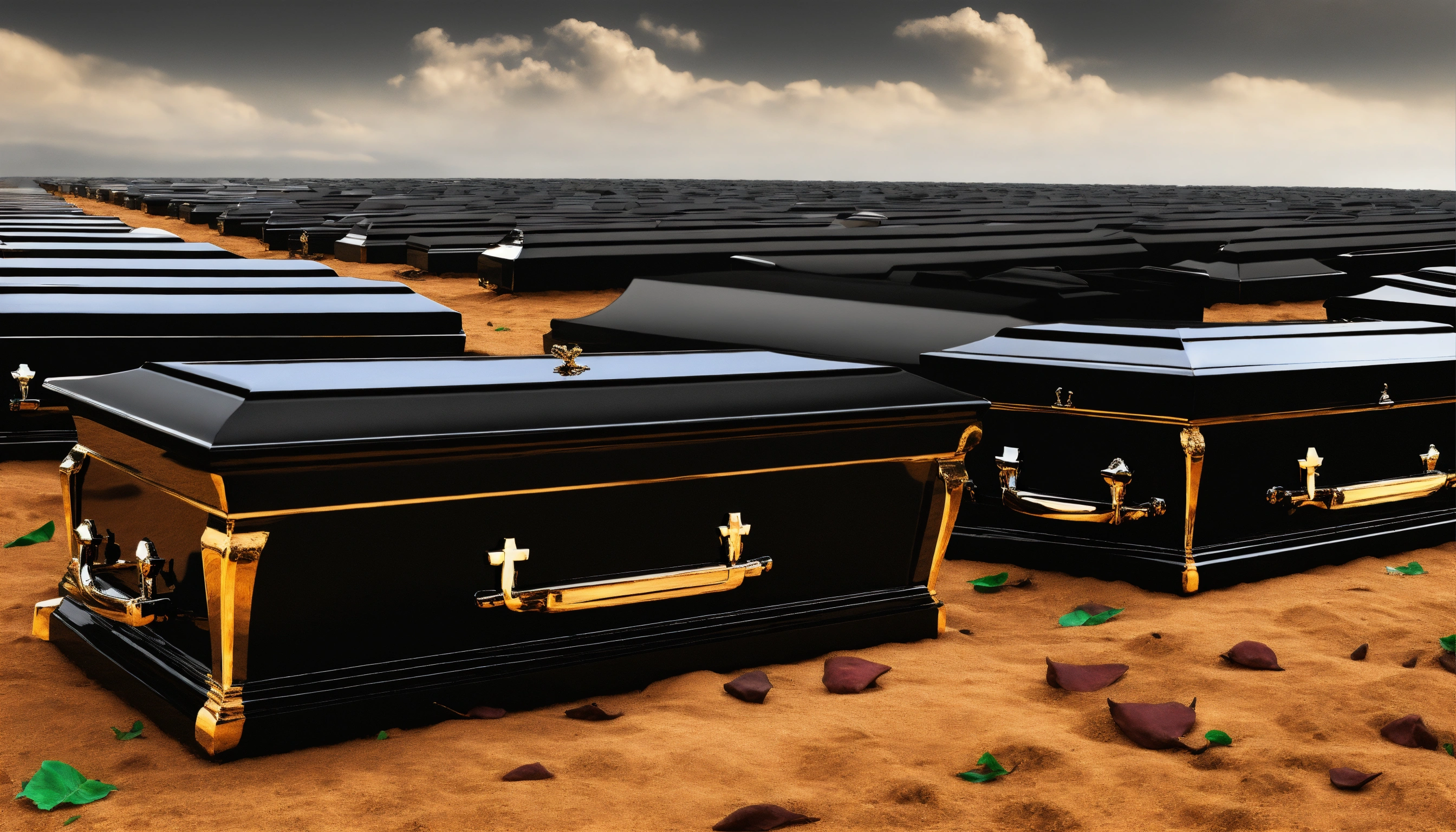 Lexica - Many black coffins with silvern ornaments lying in the dirt ...