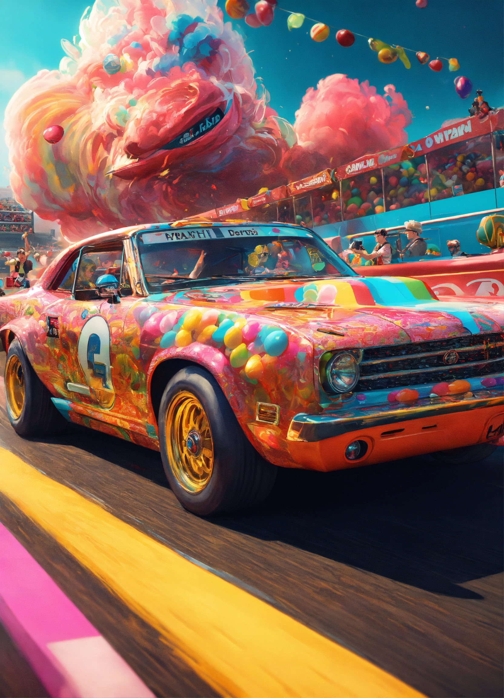 Lexica - A happy granny in a vintage drag racing car speeding down the ...