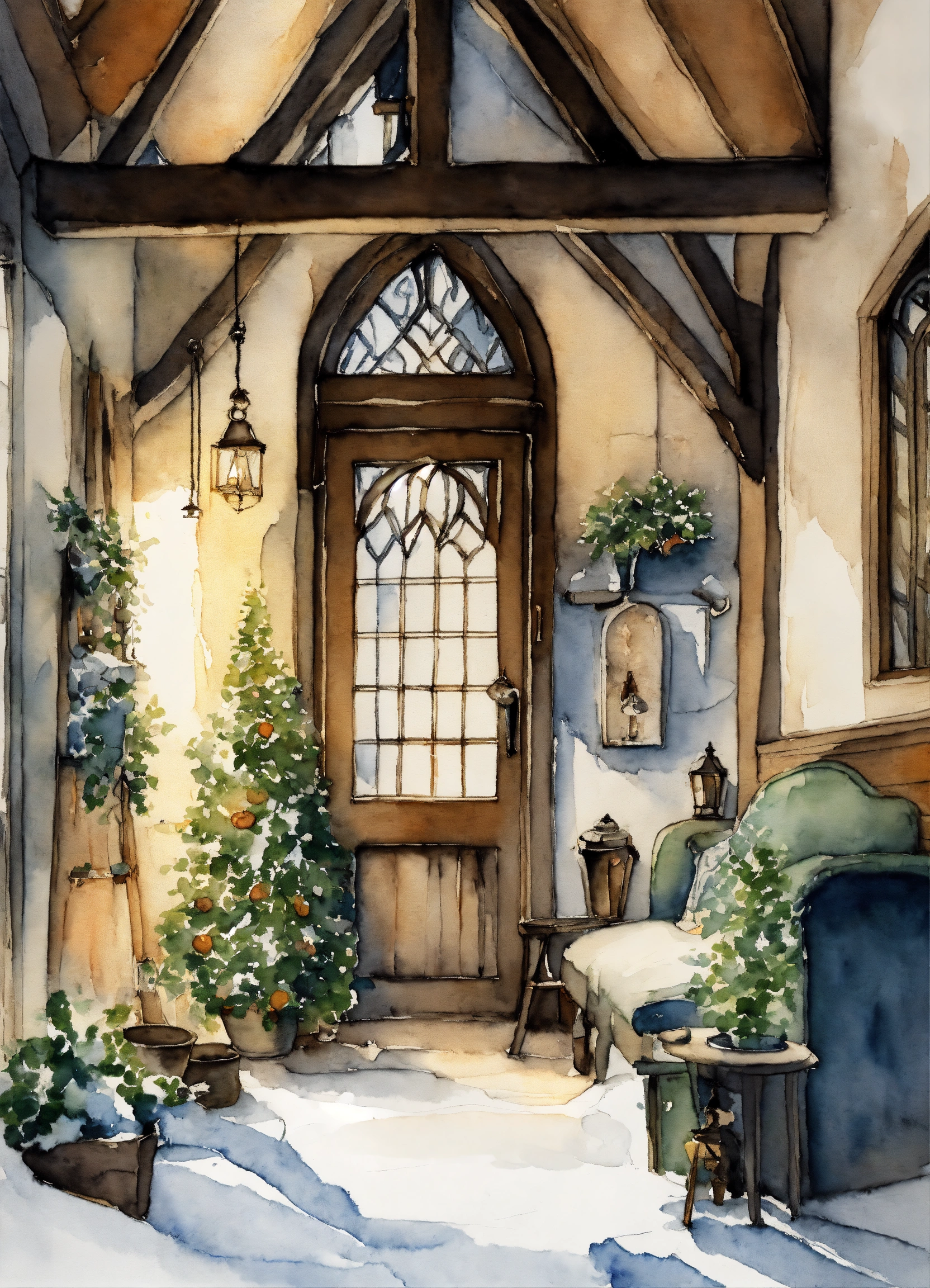 Lexica - White background, watercolor and ink painting, inside a Elvish ...