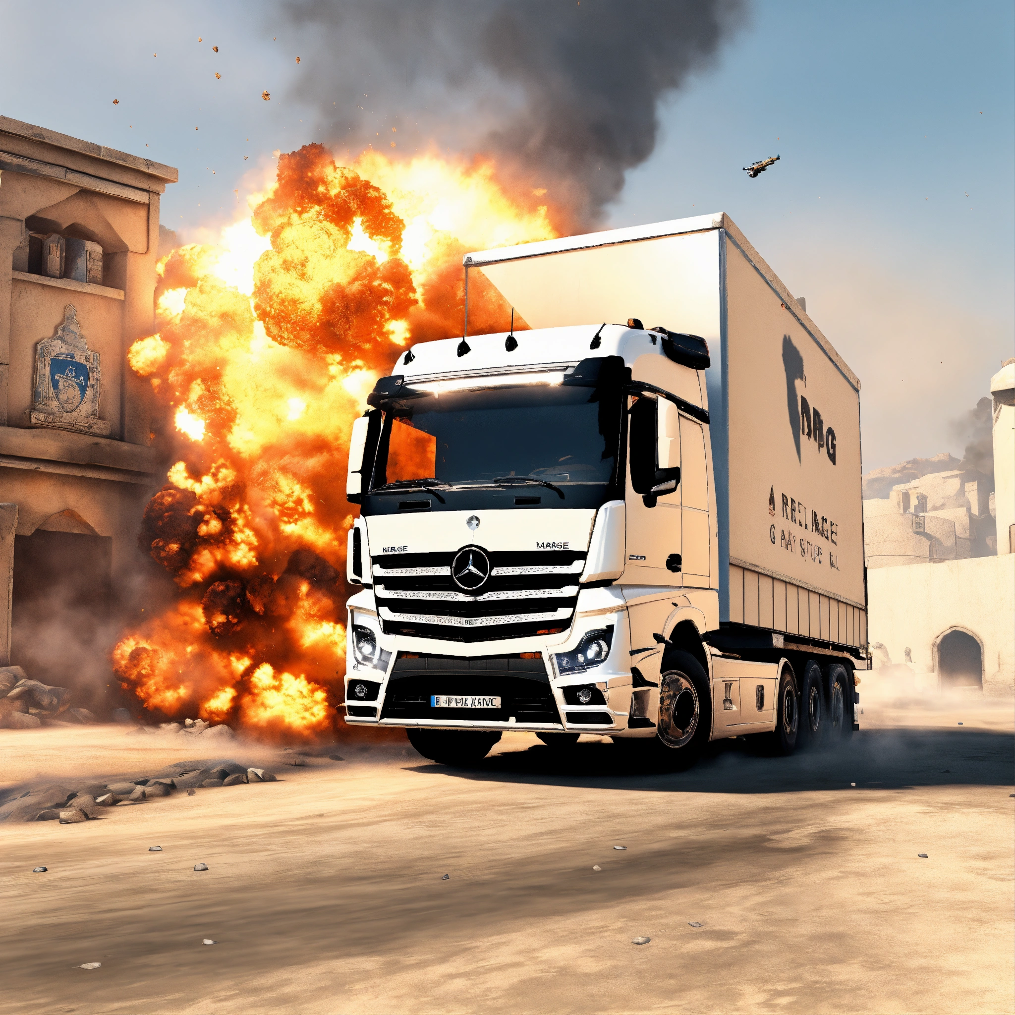 Lexica - A front view of a white Mercedes actros truck in the counter ...
