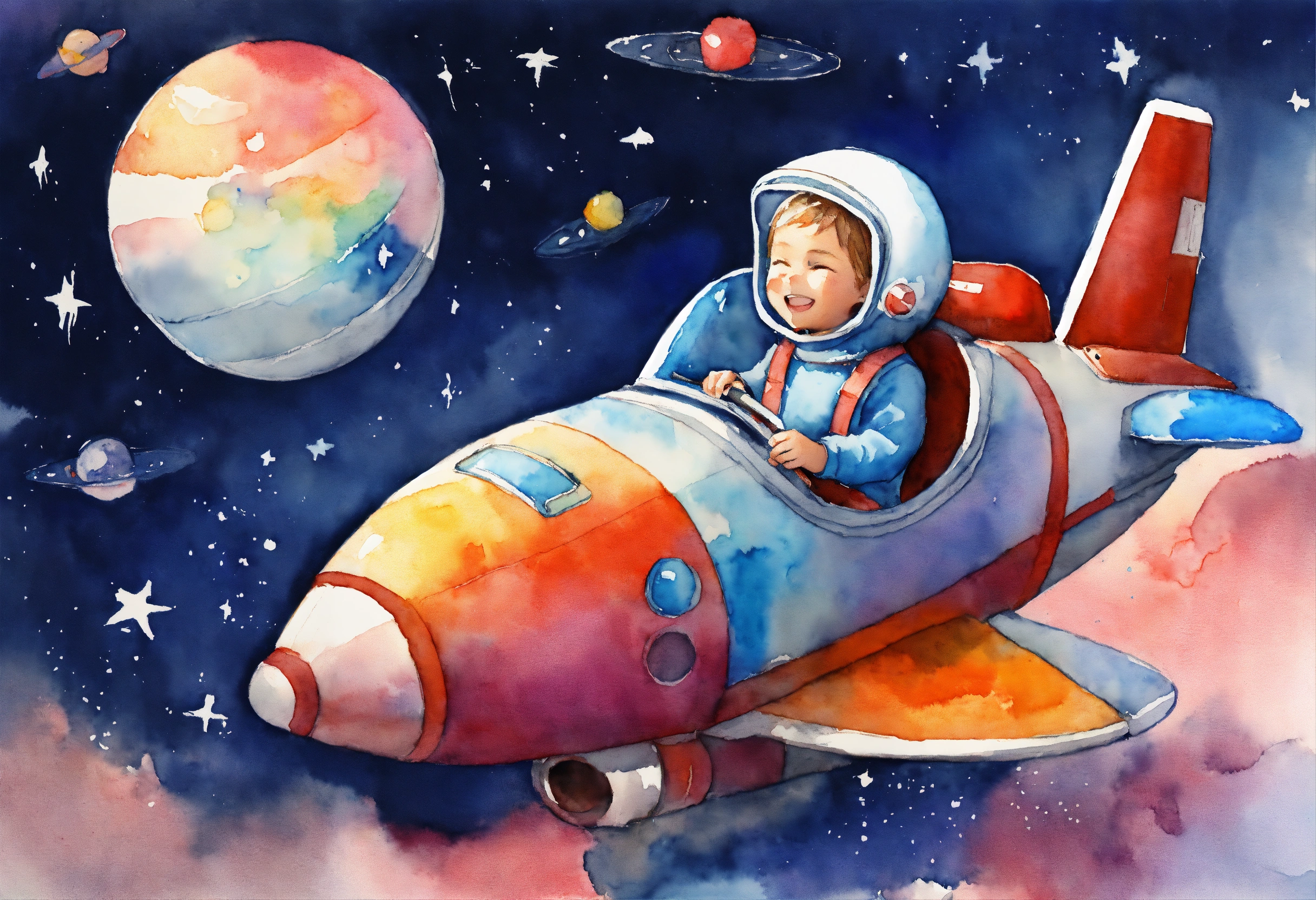 Lexica - Generate watercolor sketch of smiling child on a rocket ship ...