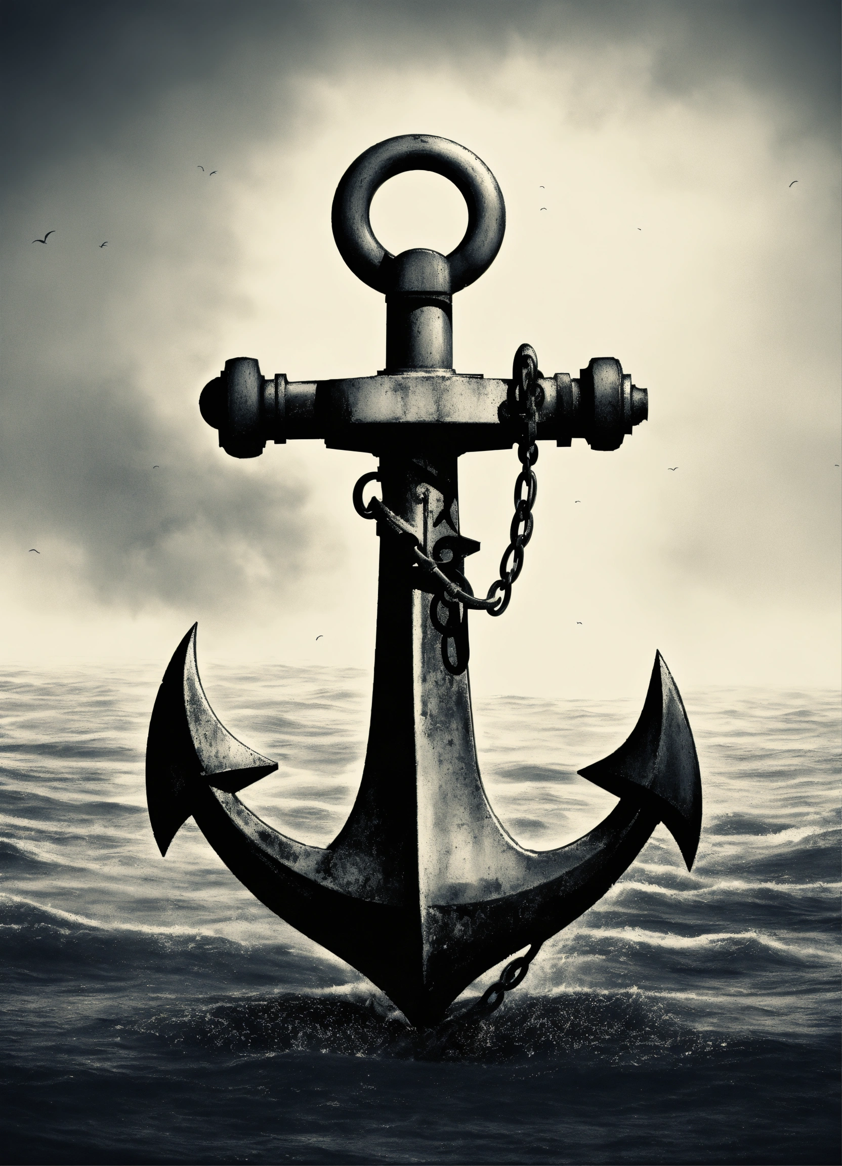 Lexica - A pencil illustration of an old anchor, fog, 2/3 free space bottom