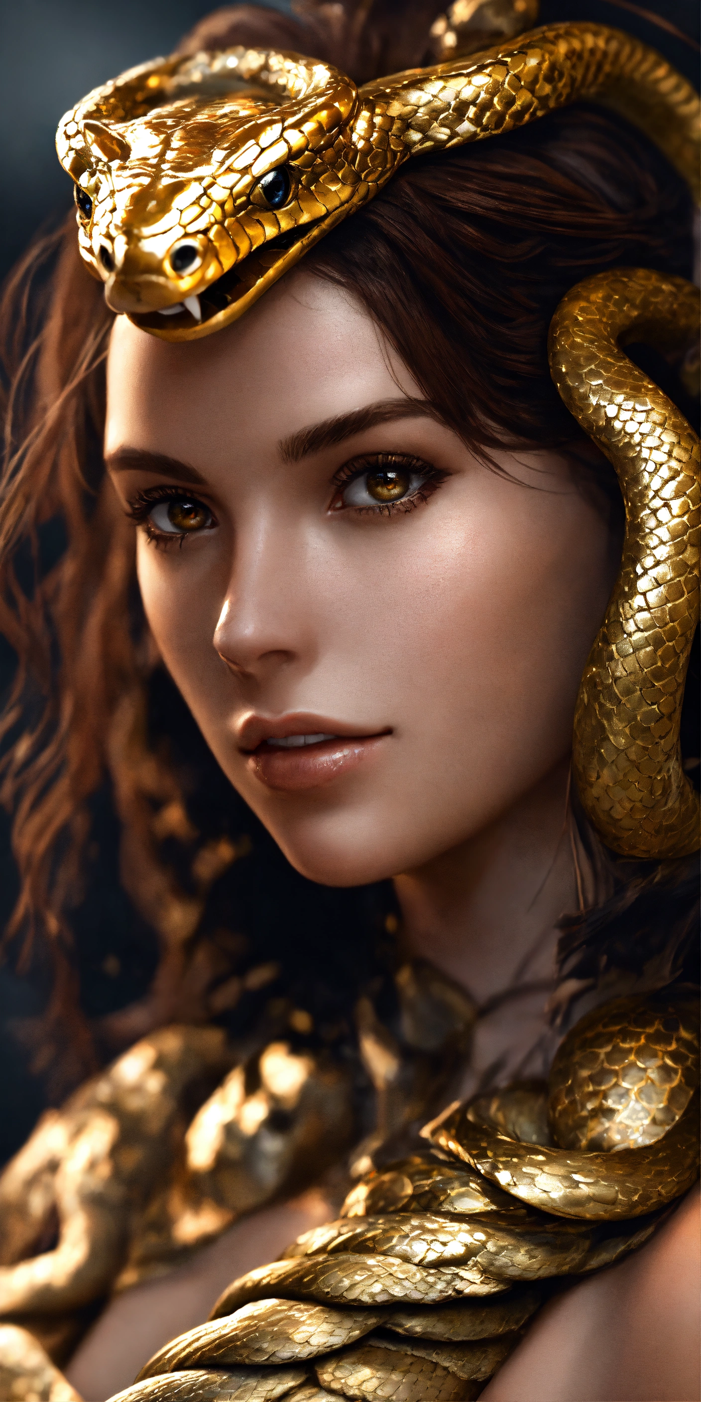 Lexica - A beautiful woman with brown hair, gold eyes, scales on her ...