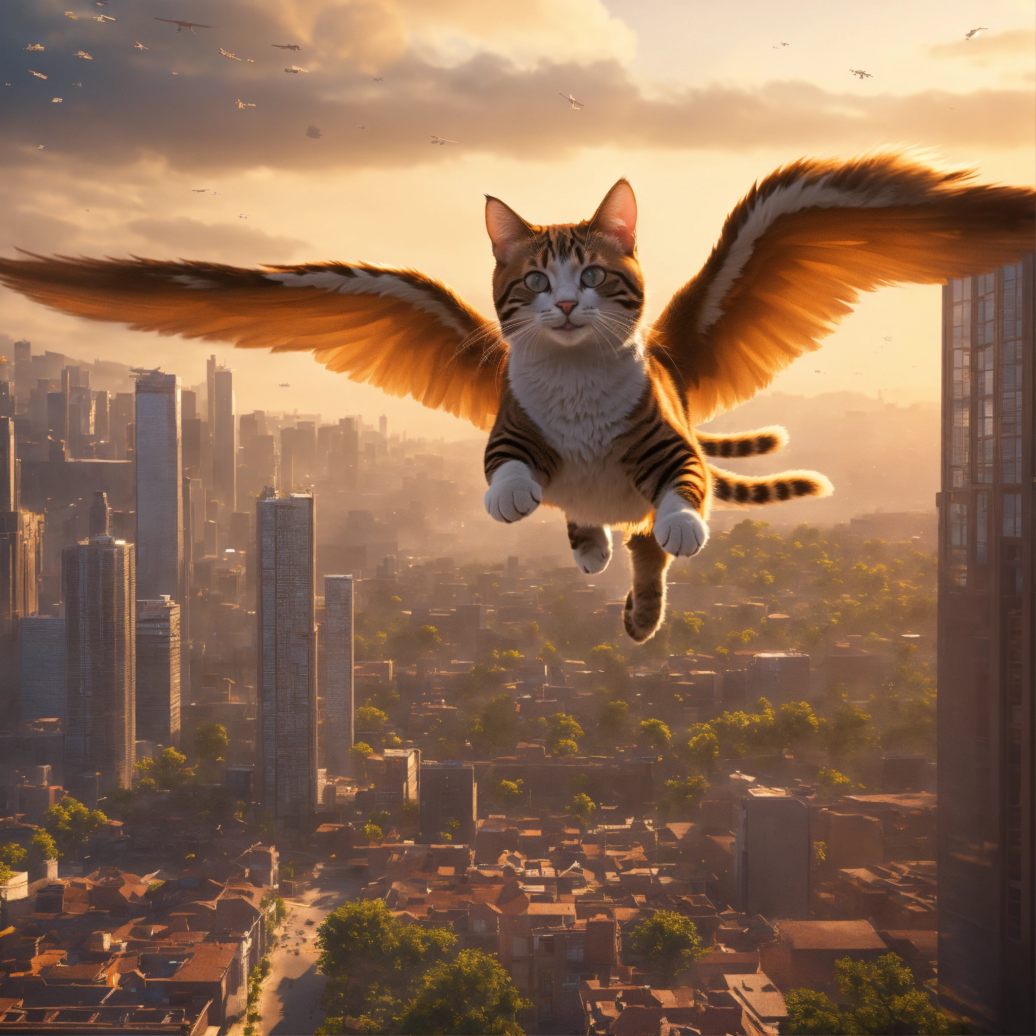 Lexica - Medium close-up, Smiling cats flying over the city, highly ...