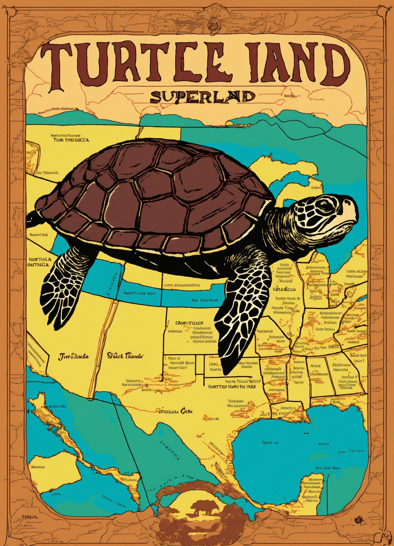 Lexica - A poster graphic of Turtle Island, a turtle superimposed on a ...