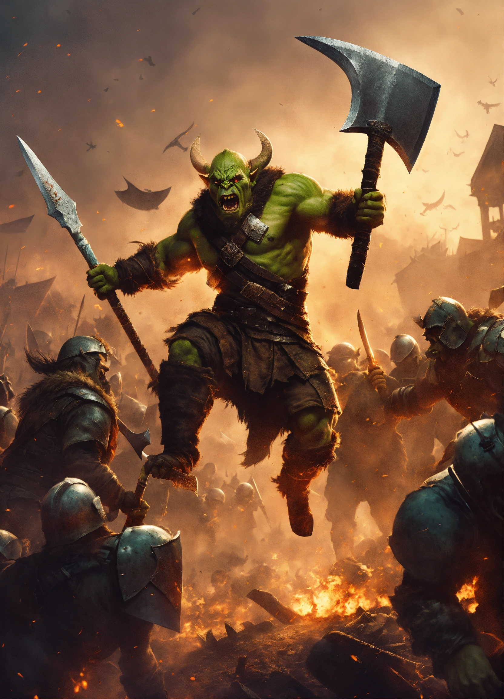 Lexica - Semi-orc with axe jumping into a human army in battlefield
